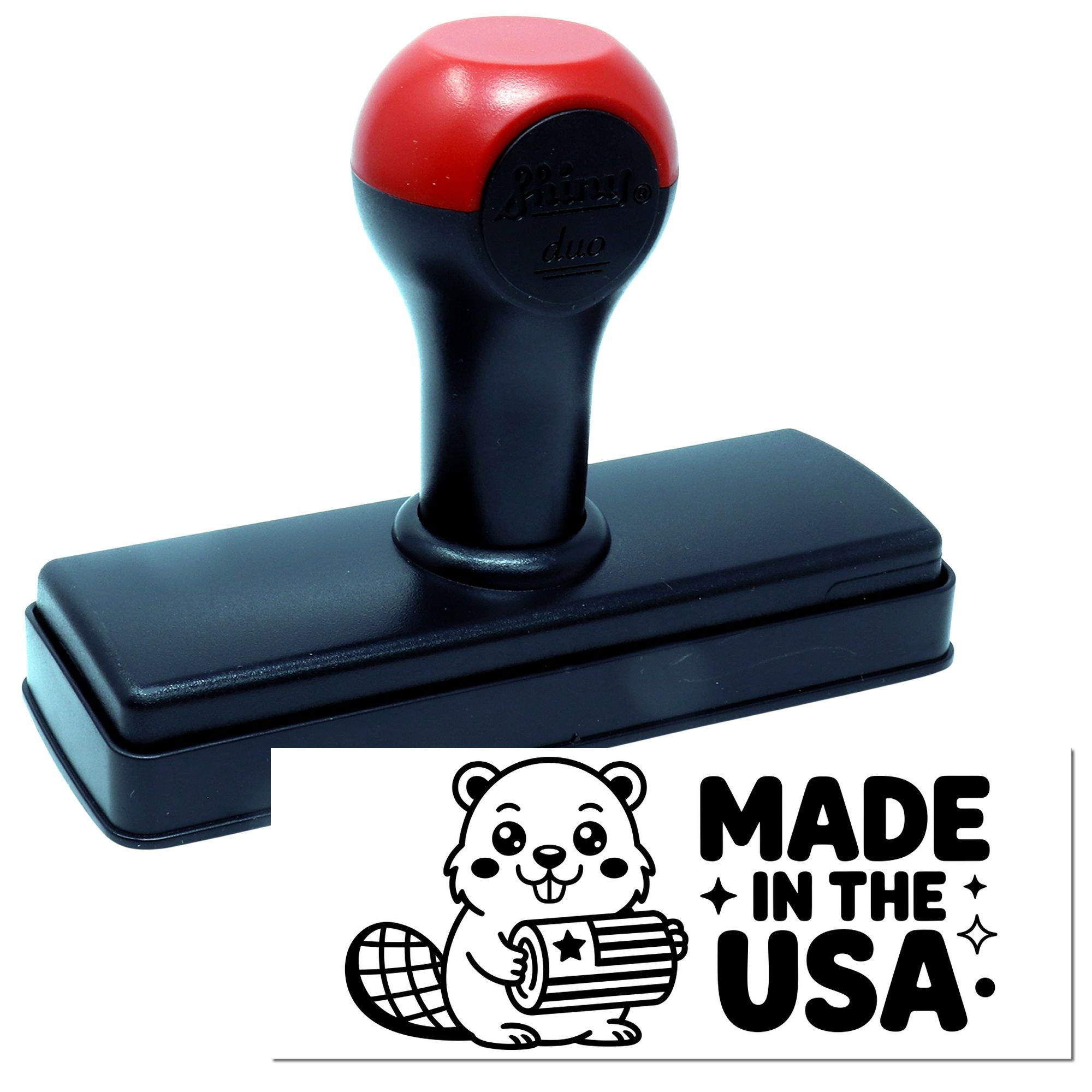 Red and black self-inking stamp and seal with rectangular base and Made in the USA graphic.