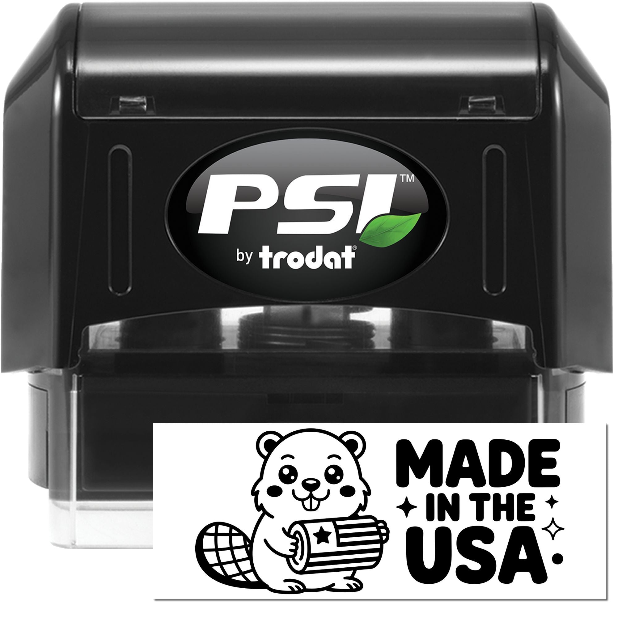 Black PSI by Trodat self-inking stamp with green leaf logo and Made in the USA seal on a black-and-white product card