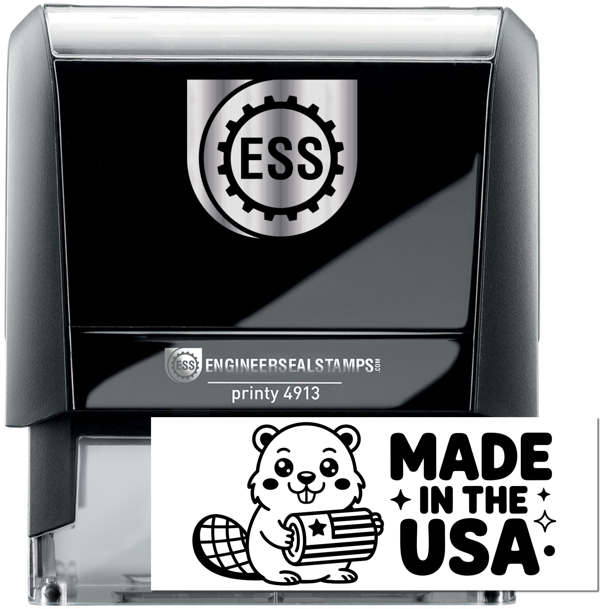 Black ESS EngineerSealStamps Printy 4913 stamp with silver gear seal logo and Made in the USA badge