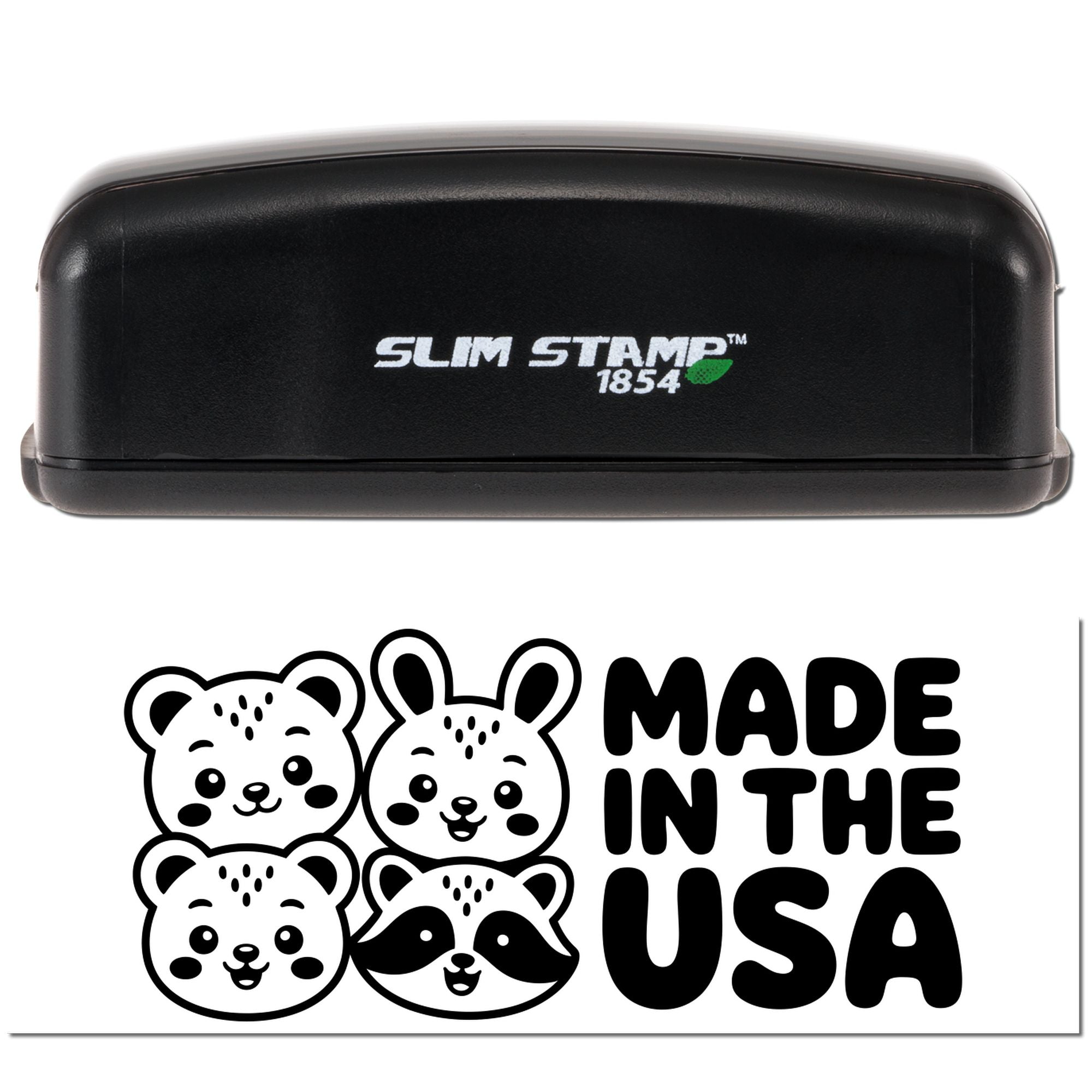 Black Slim Stamp 1854 self-inking stamp and seal with cute bear and raccoon faces, reading MADE IN THE USA.