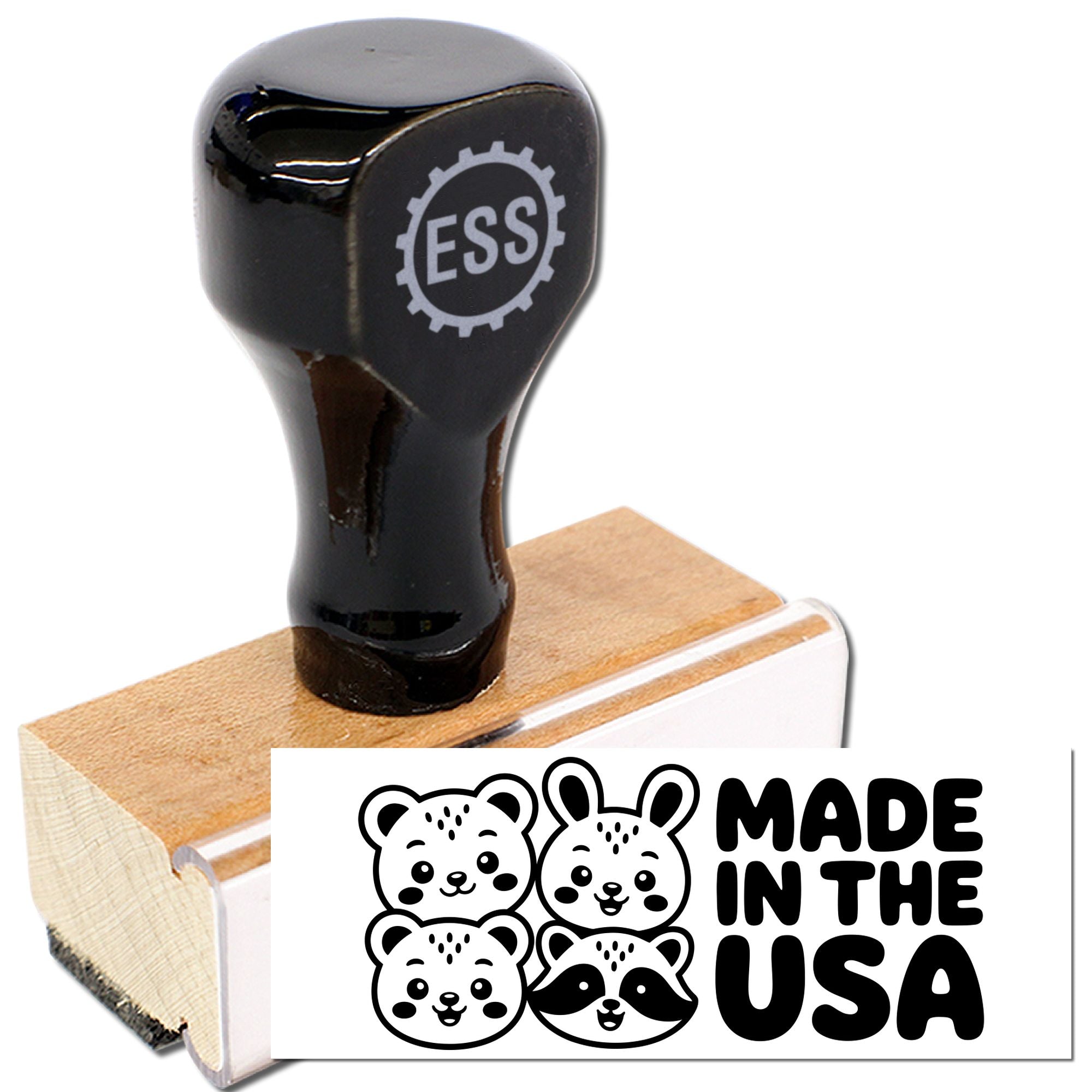 Black rubber stamp and seal with ESS logo on wooden base; white card shows bear and rabbit faces, Made in the USA.
