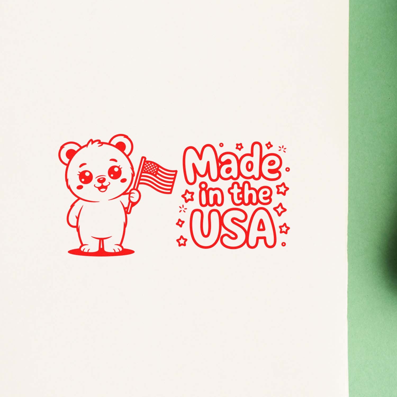 Red stamp seal with a bear holding an American flag and Made in the USA text on white background with green edge.