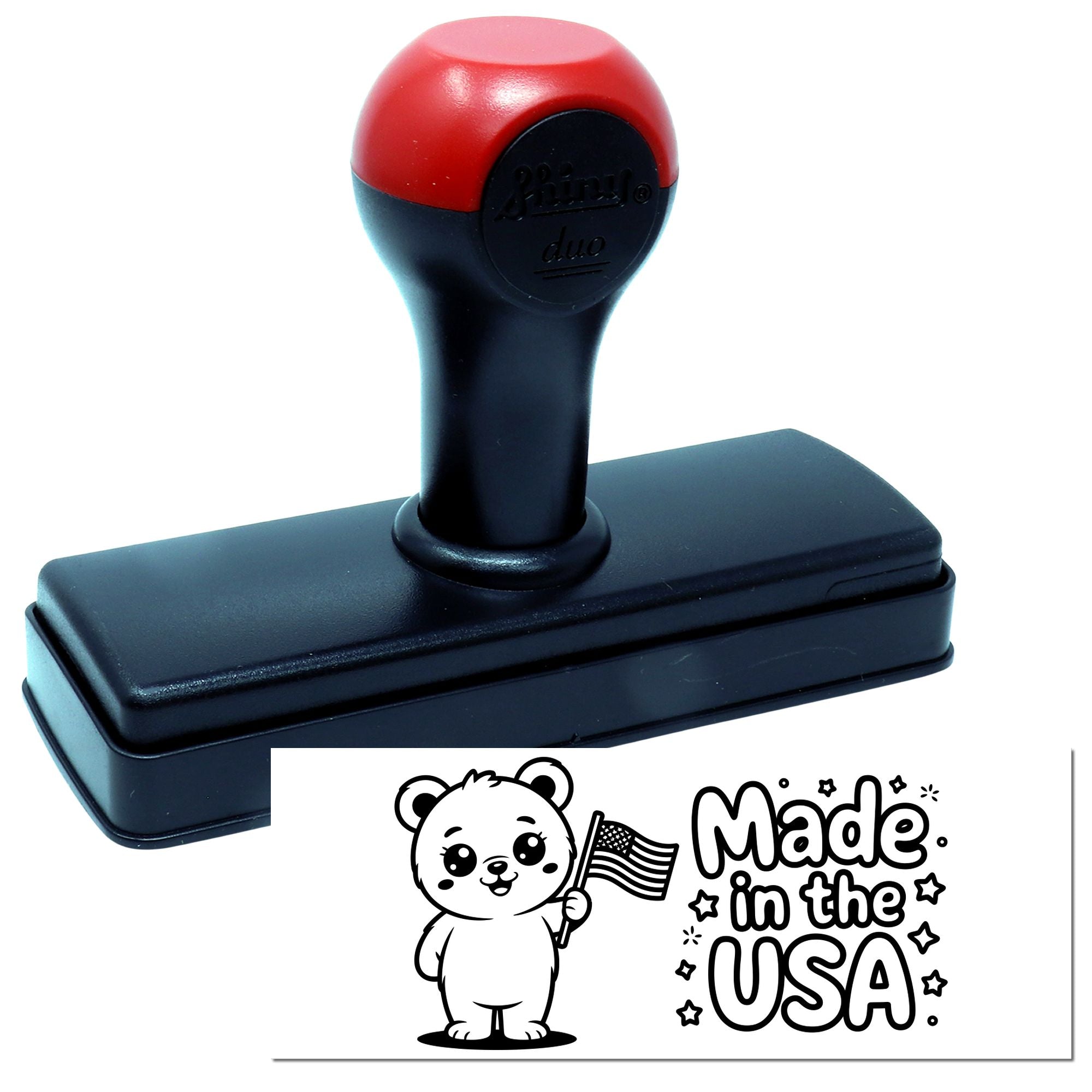 Black and red self-inking stamp with a Made in the USA bear seal and rectangular black base.