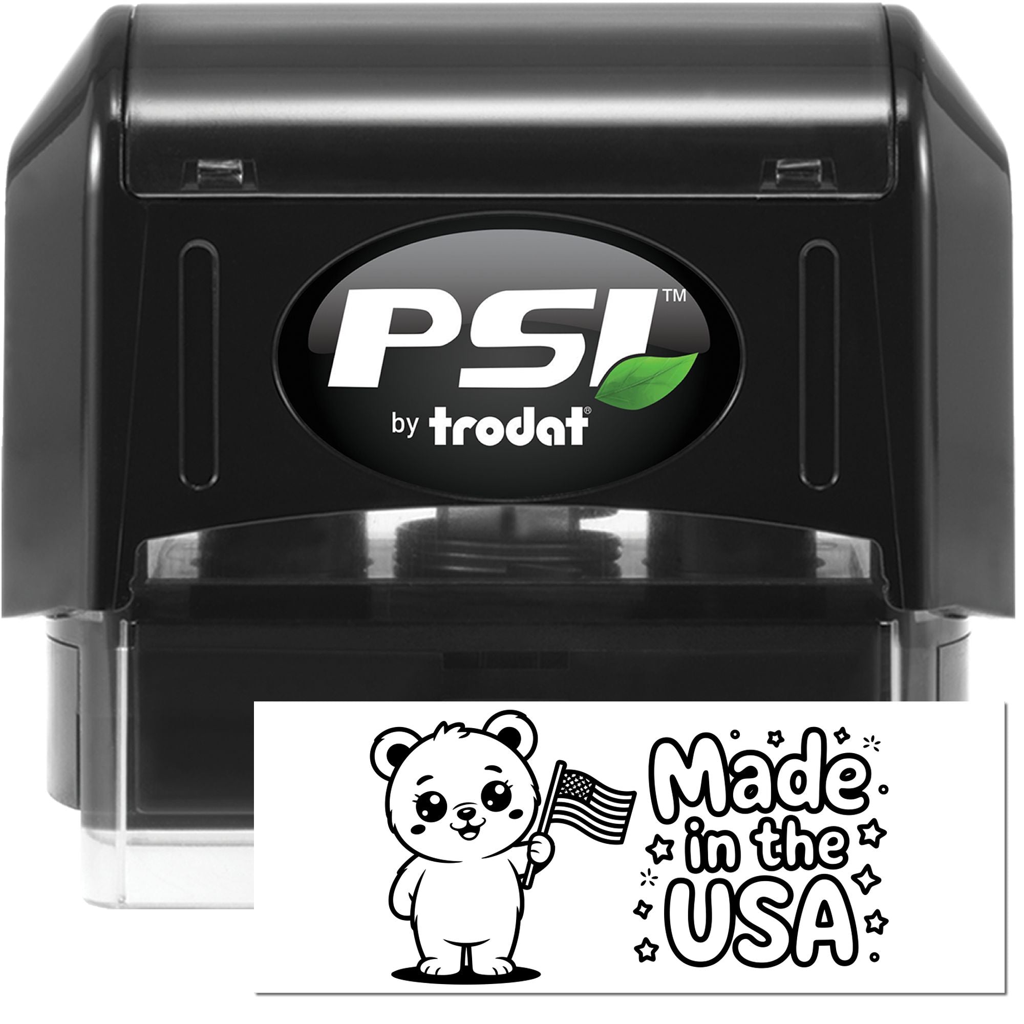 Black PSI by Trodat self-inking stamp with custom Made in the USA seal design, black and white with green leaf logo