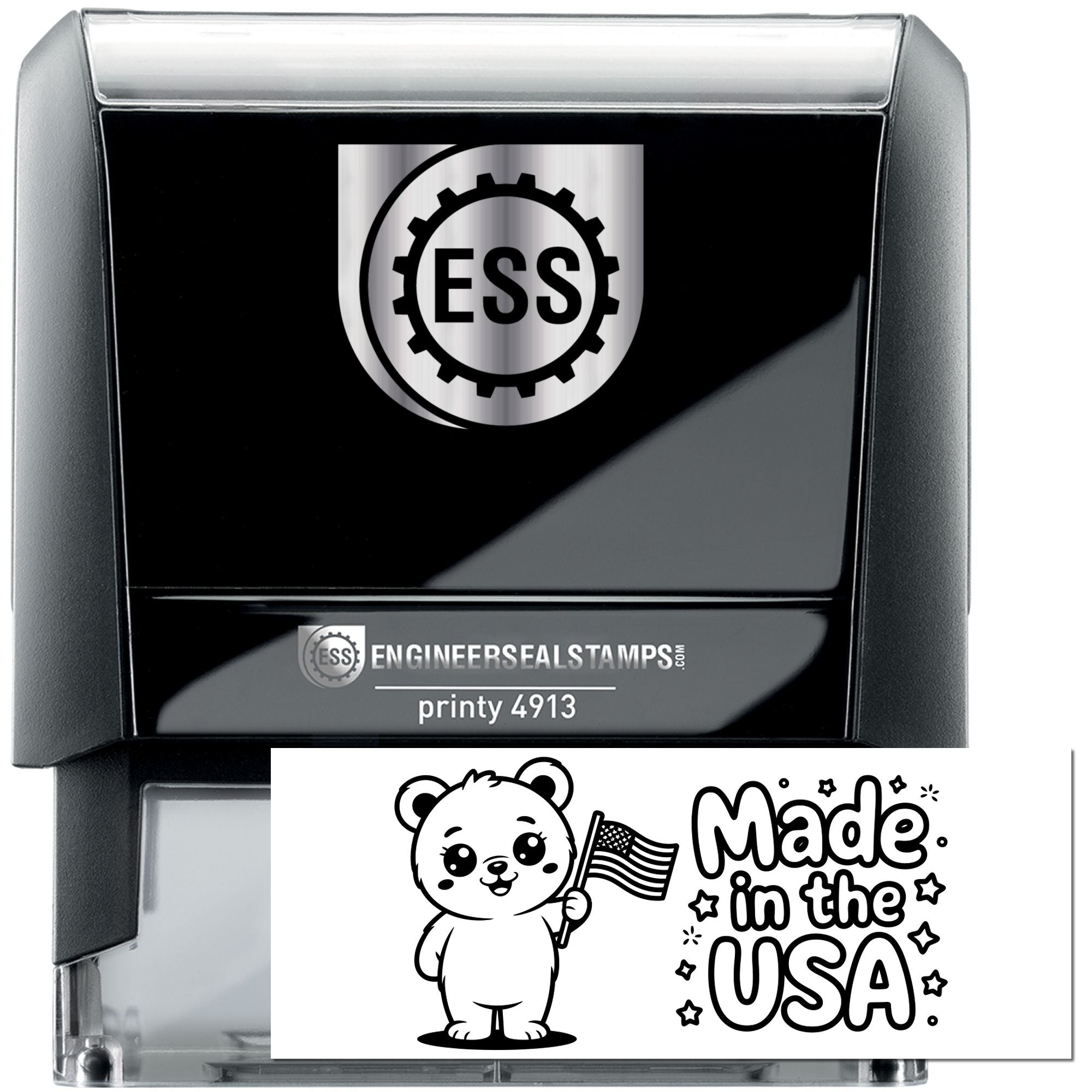 Black self-inking stamp and seal with silver top, ESS logo, and white Made in the USA bear design.