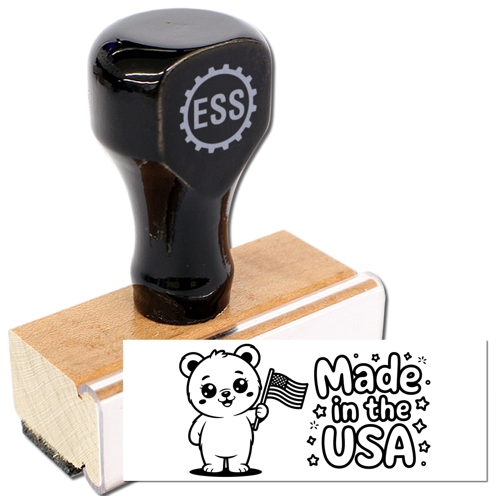 Black ESS rubber stamp with wooden base and white Made in the USA seal, bear icon, and U.S. flag.