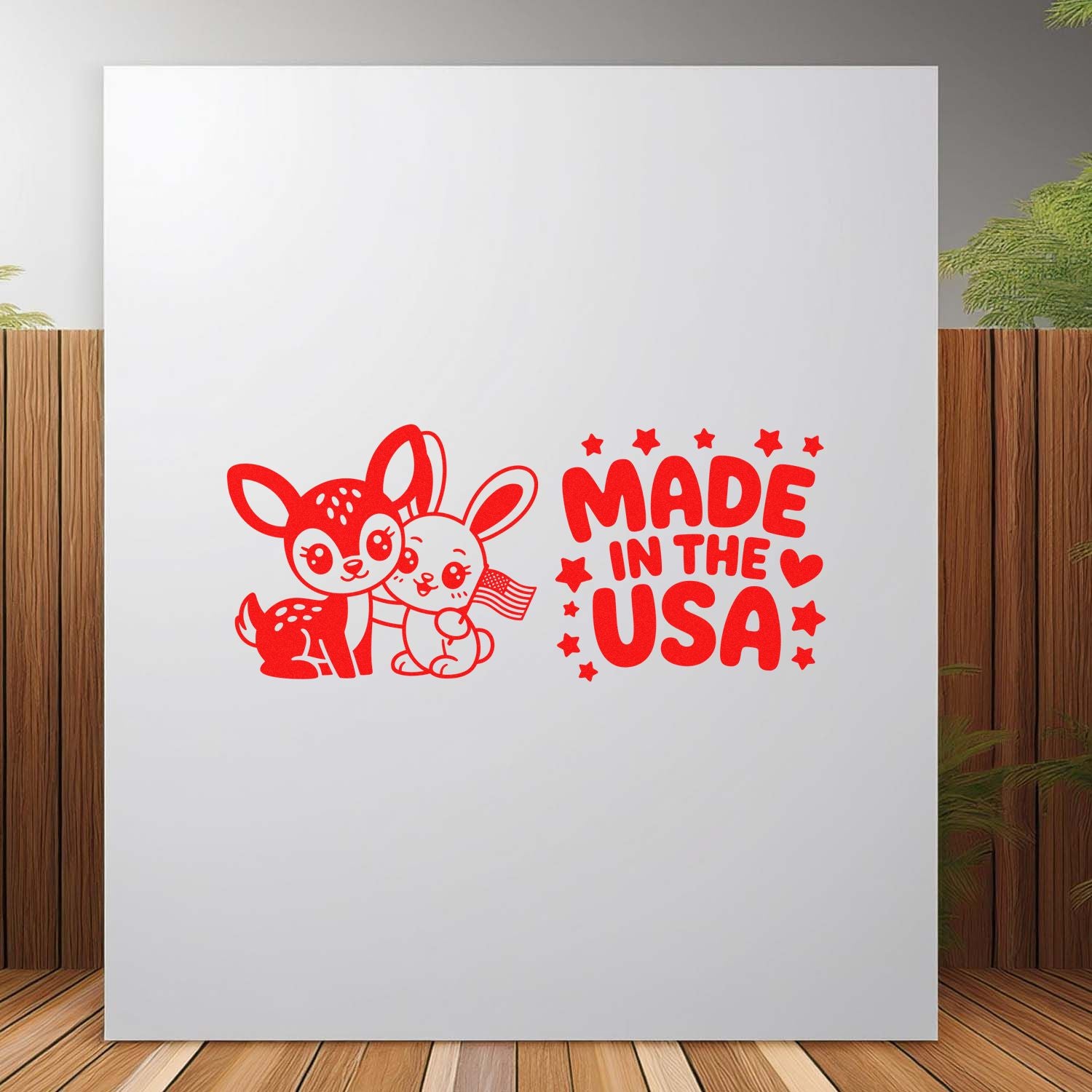 Red Made in the USA stamp and seal design with two cute bunnies, stars, and a small American flag on white background.
