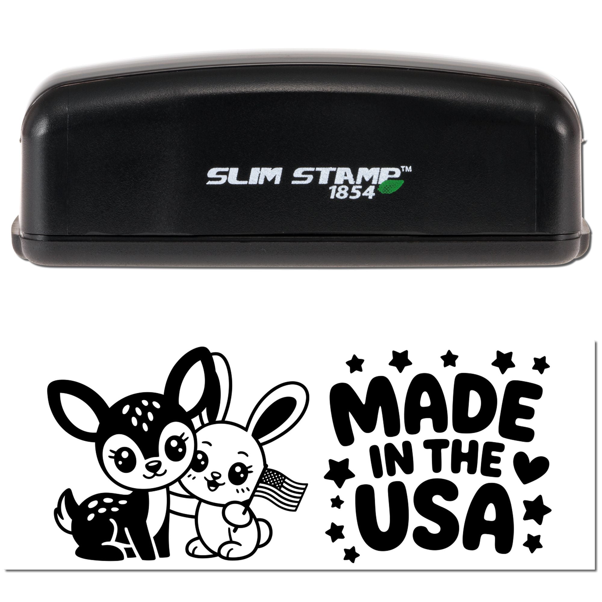 Black Slim Stamp 1854 embosser with cute dog and rabbit seal, Made in the USA in bold white and black lettering.