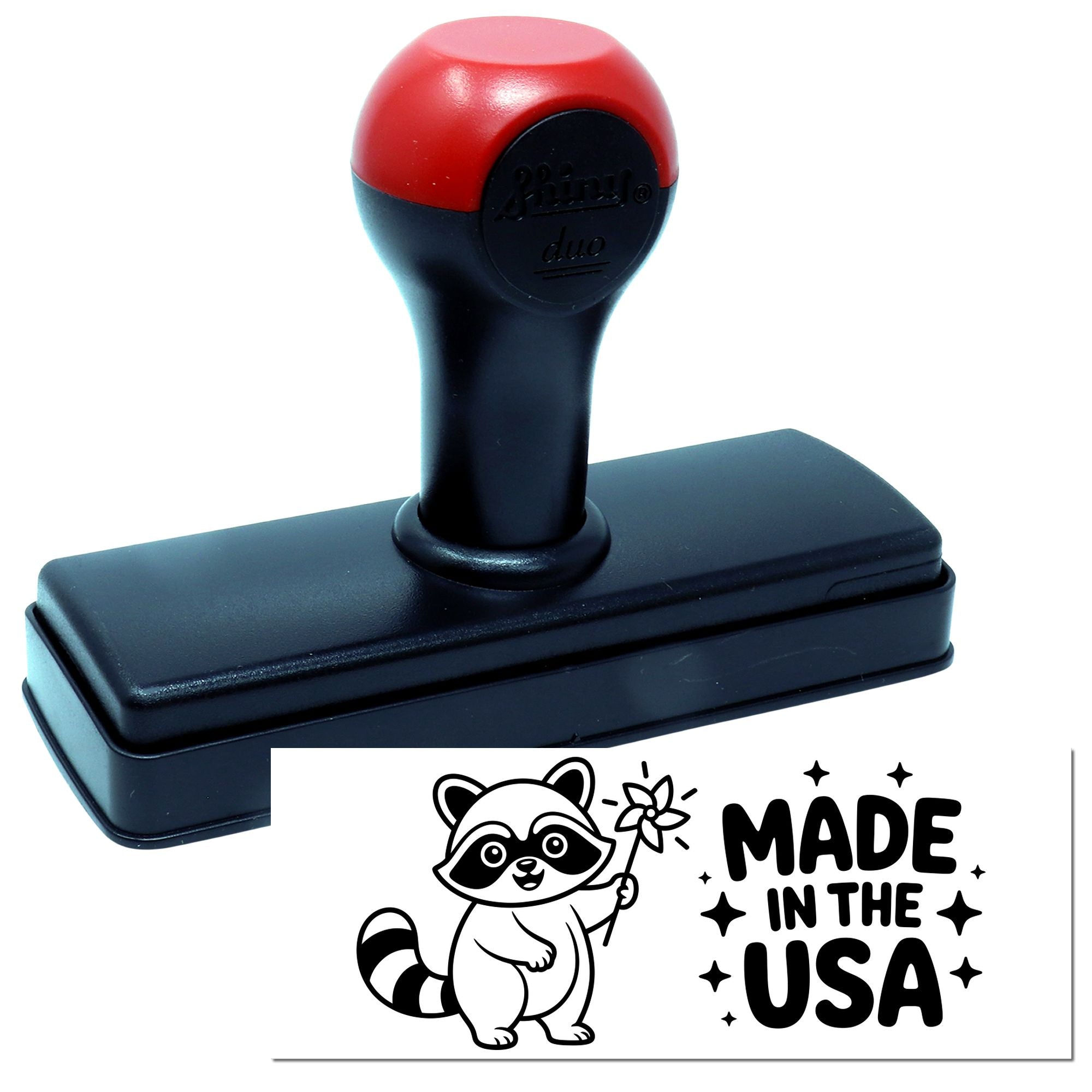 Red-and-black self-inking stamp and seal with raccoon design and Made in the USA text.