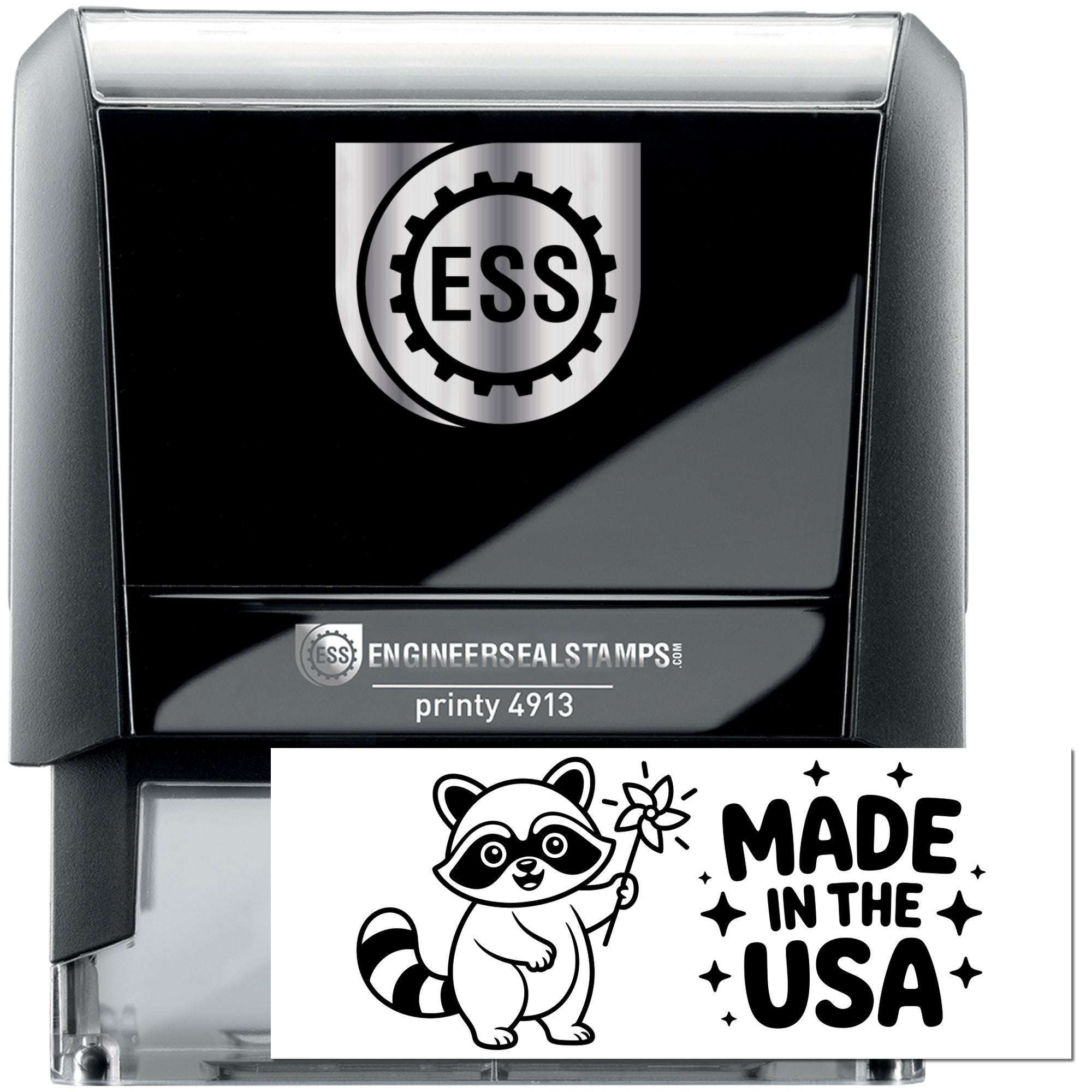 Black and silver ESS engineer seal stamp with gear logo, printy 4913, and raccoon Made in the USA stamp insert.