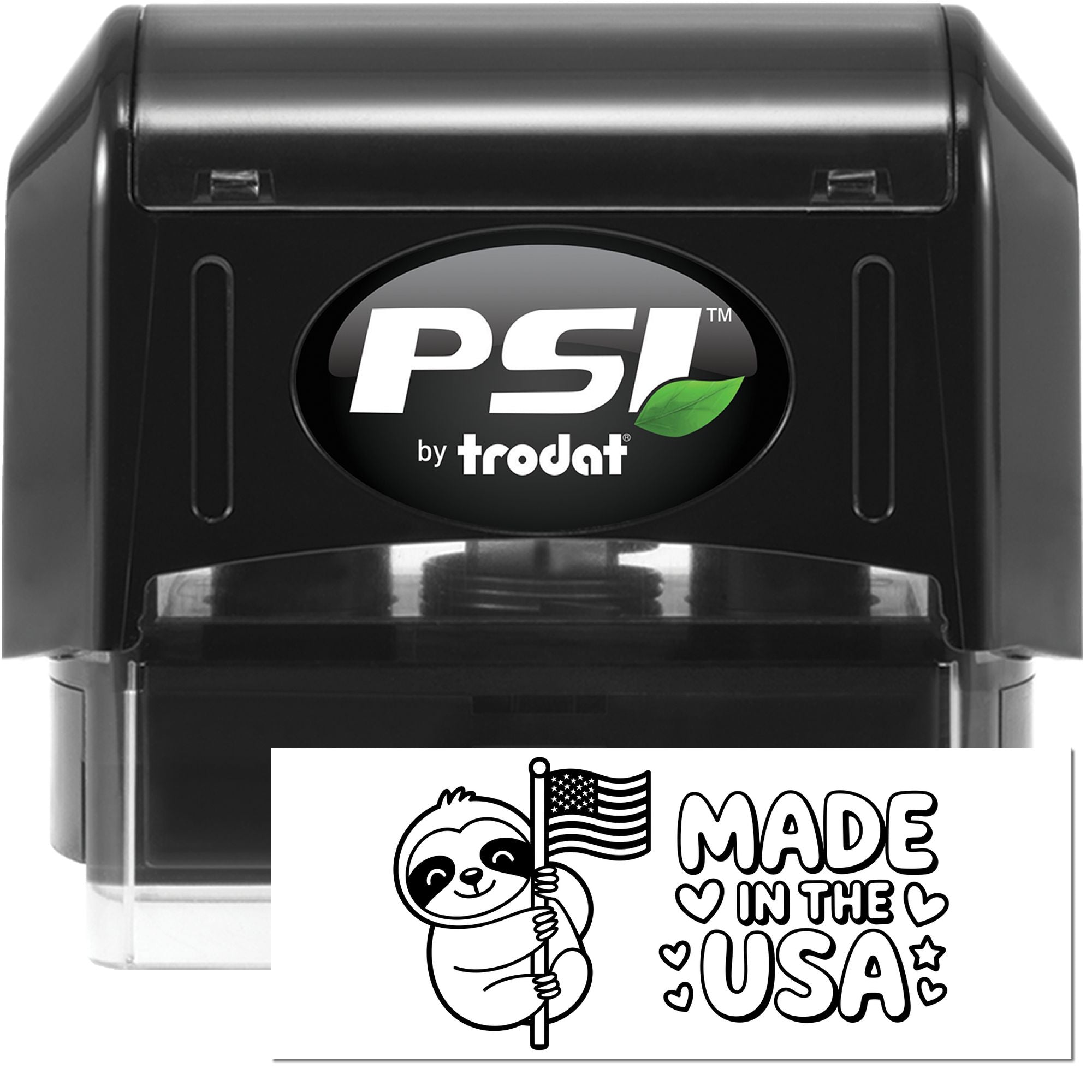 Black PSI by Trodat self-inking stamp and seal with white imprint of a sloth holding a U.S. flag and Made in the USA text.