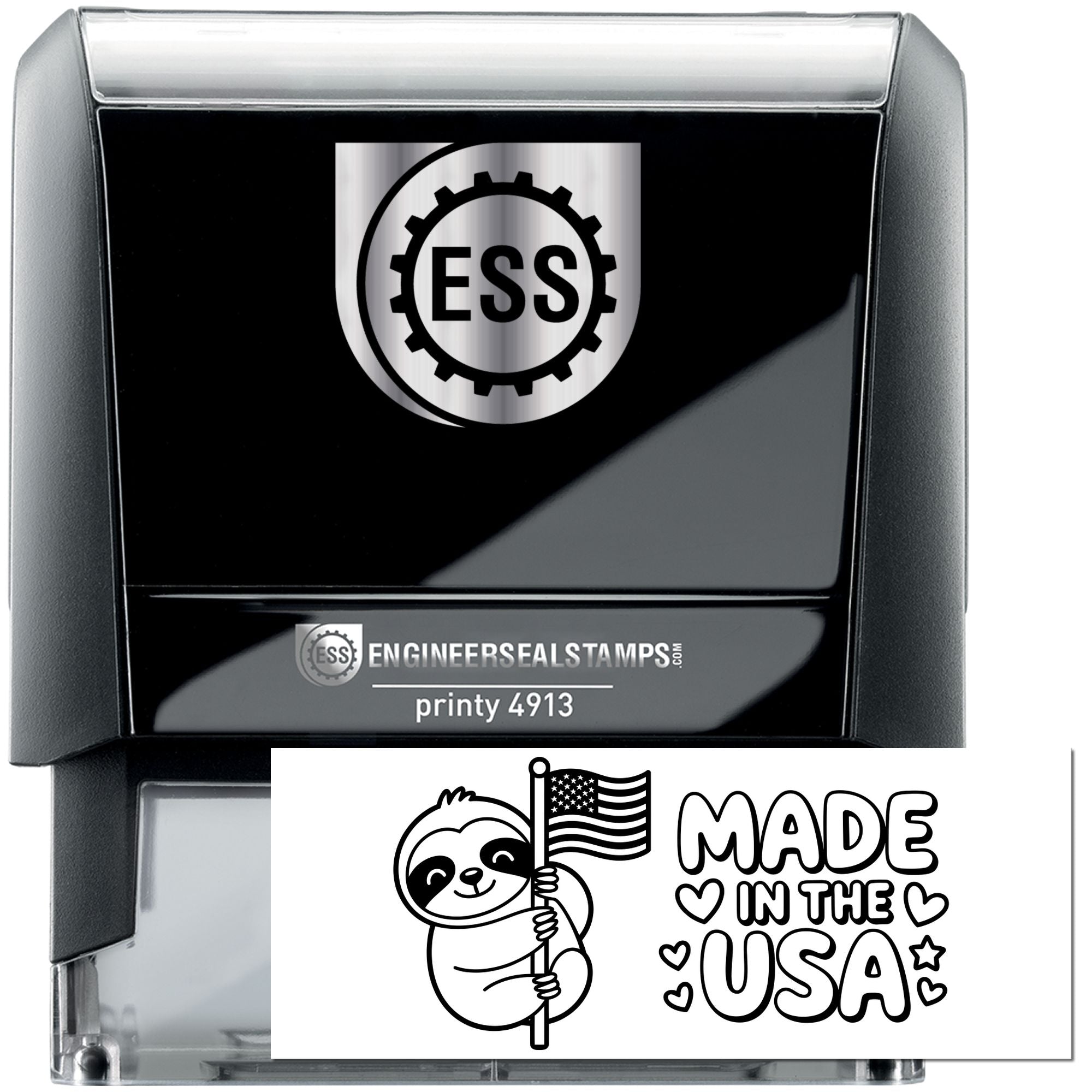 Black ESS self-inking stamp and seal with silver accents, featuring a sloth holding a U.S. flag and Made in the USA design.