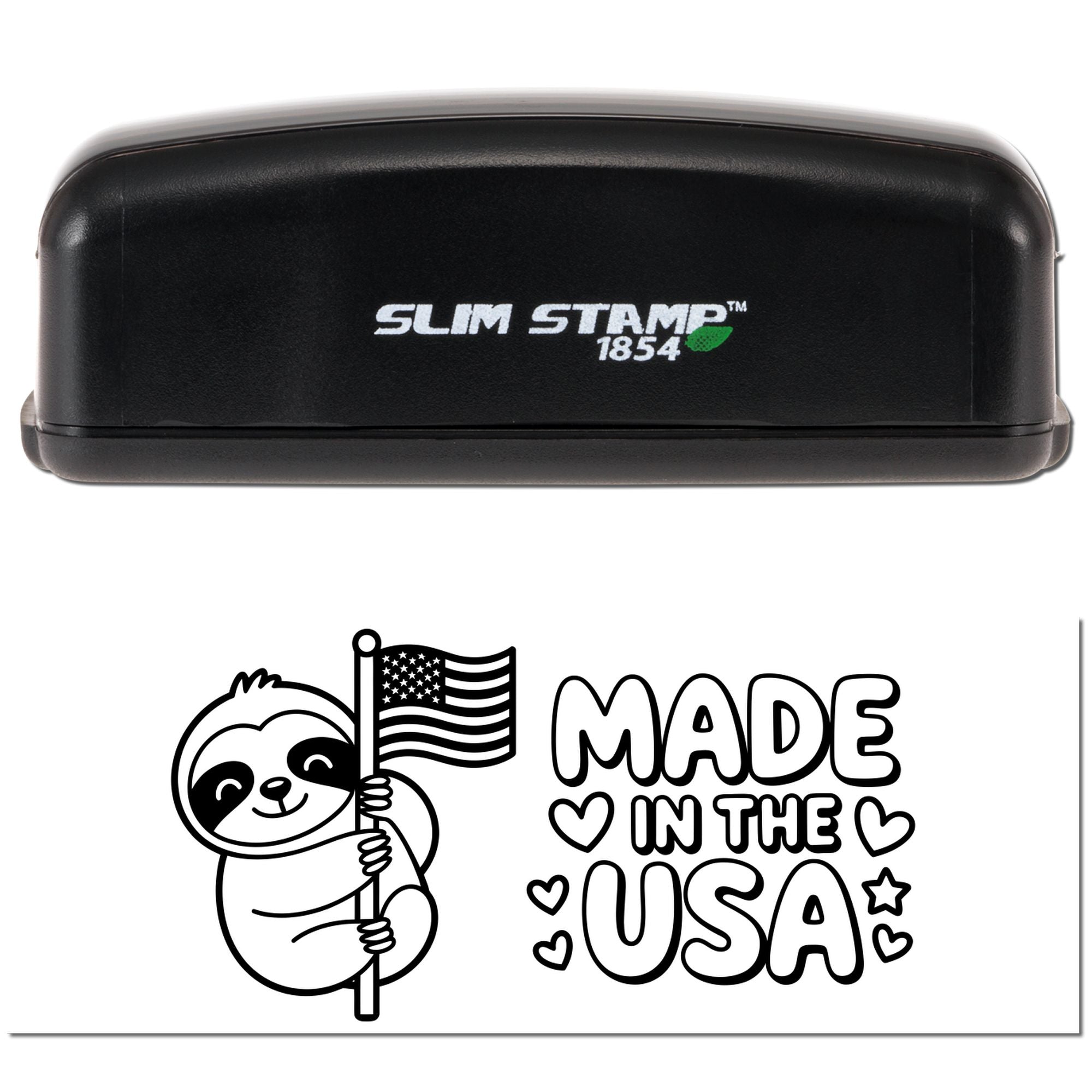 Black Slim Stamp 1854 stamp and seal with sloth holding U.S. flag and Made in the USA design in black and white.