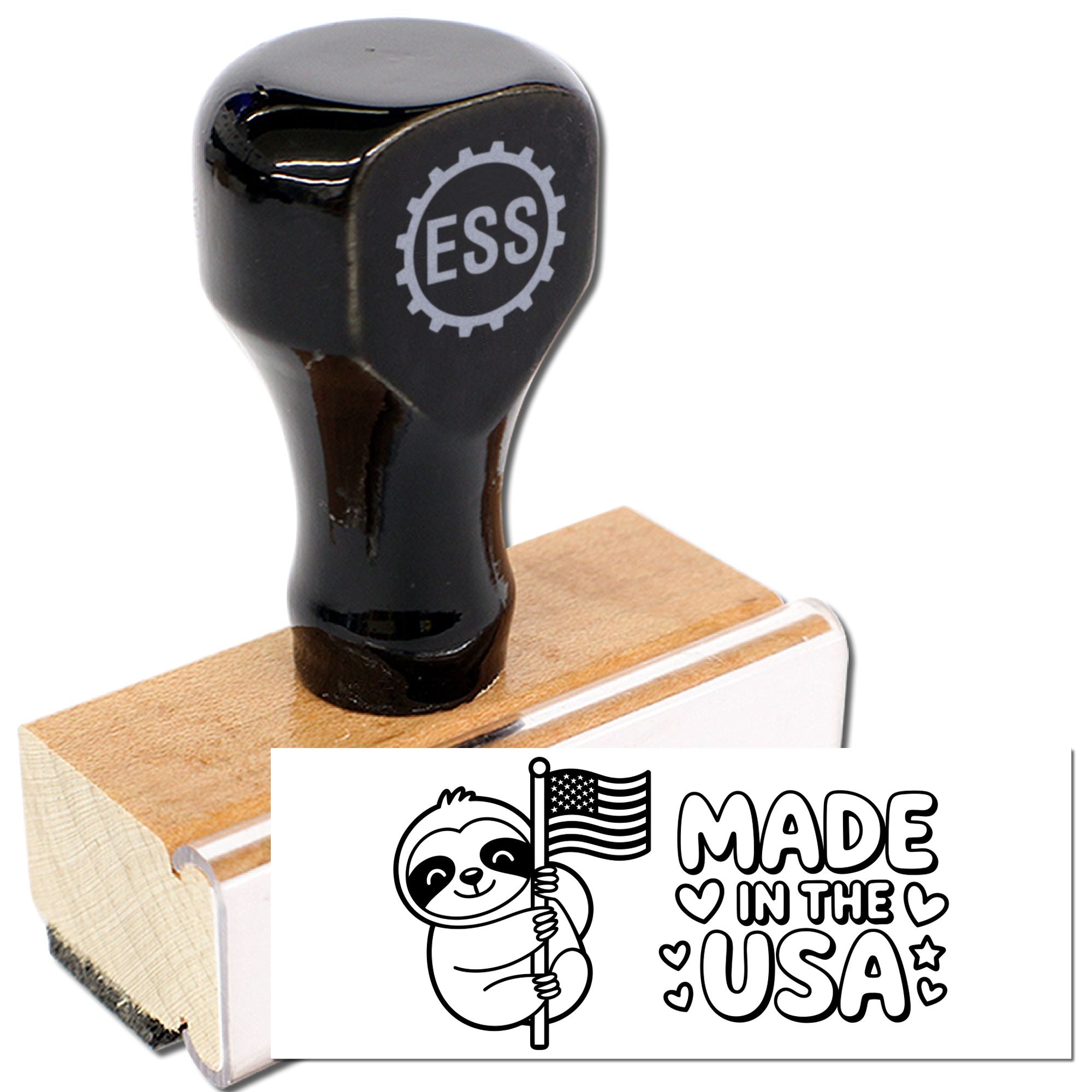 Black custom rubber stamp seal on a wooden block, with ESS logo and Made in the USA sloth design.