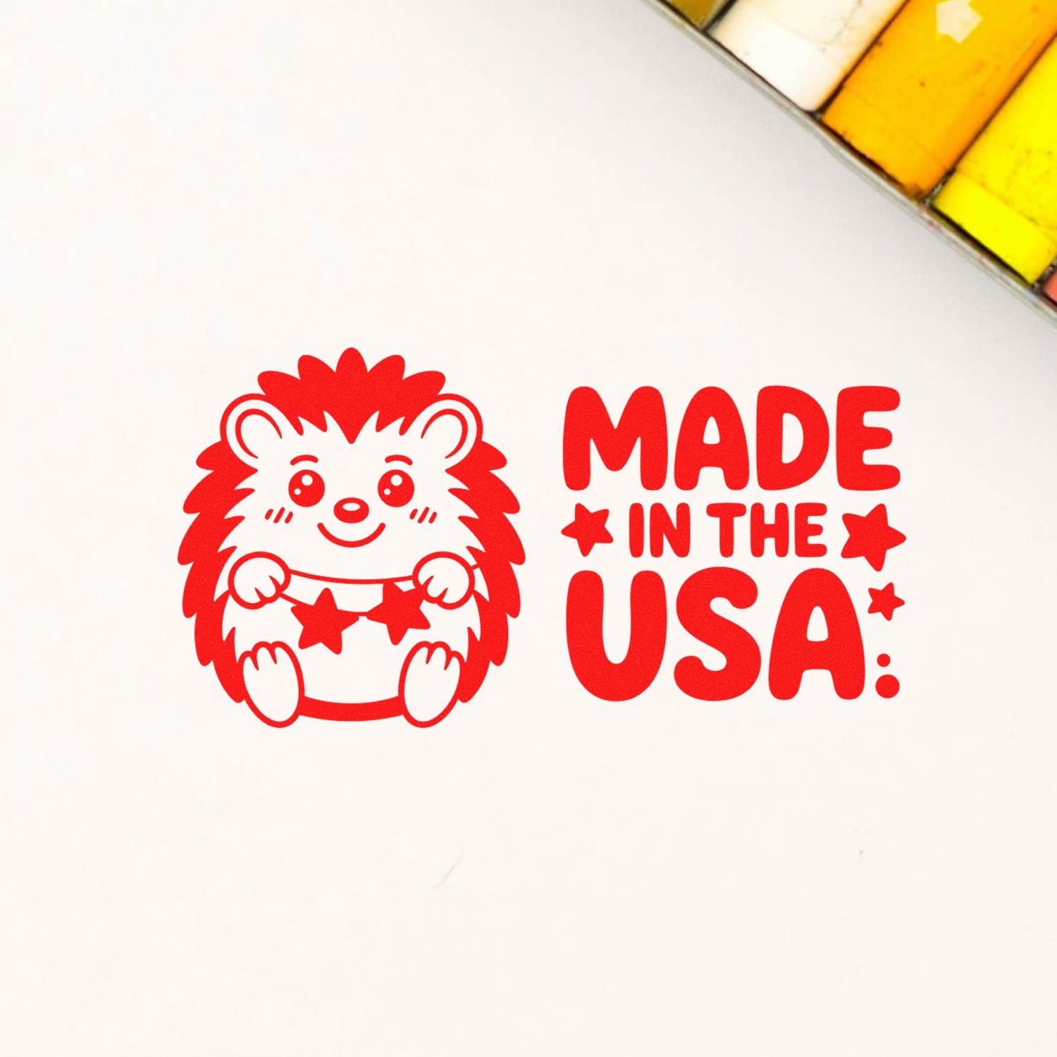 Red stamp seal design with a hedgehog and Made in the USA text on a white background, with color swatches in the corner.