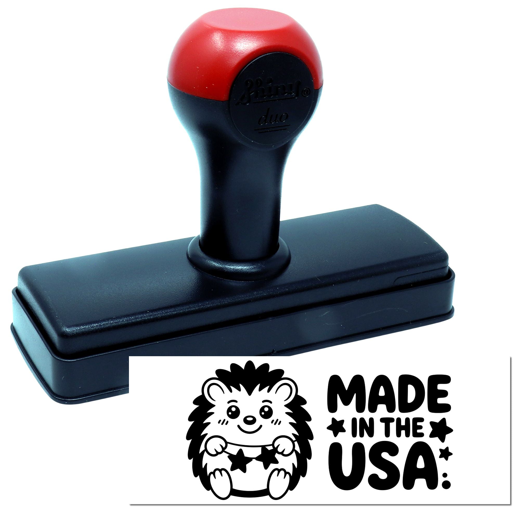 Black self-inking stamp with red handle and hedgehog Made in the USA seal design on white background.
