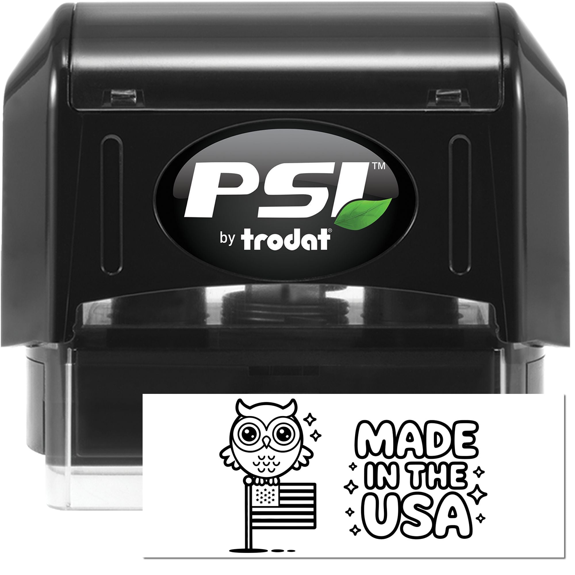 Black PSI by Trodat self-inking stamp and seal with custom Made in the USA owl design on white card.