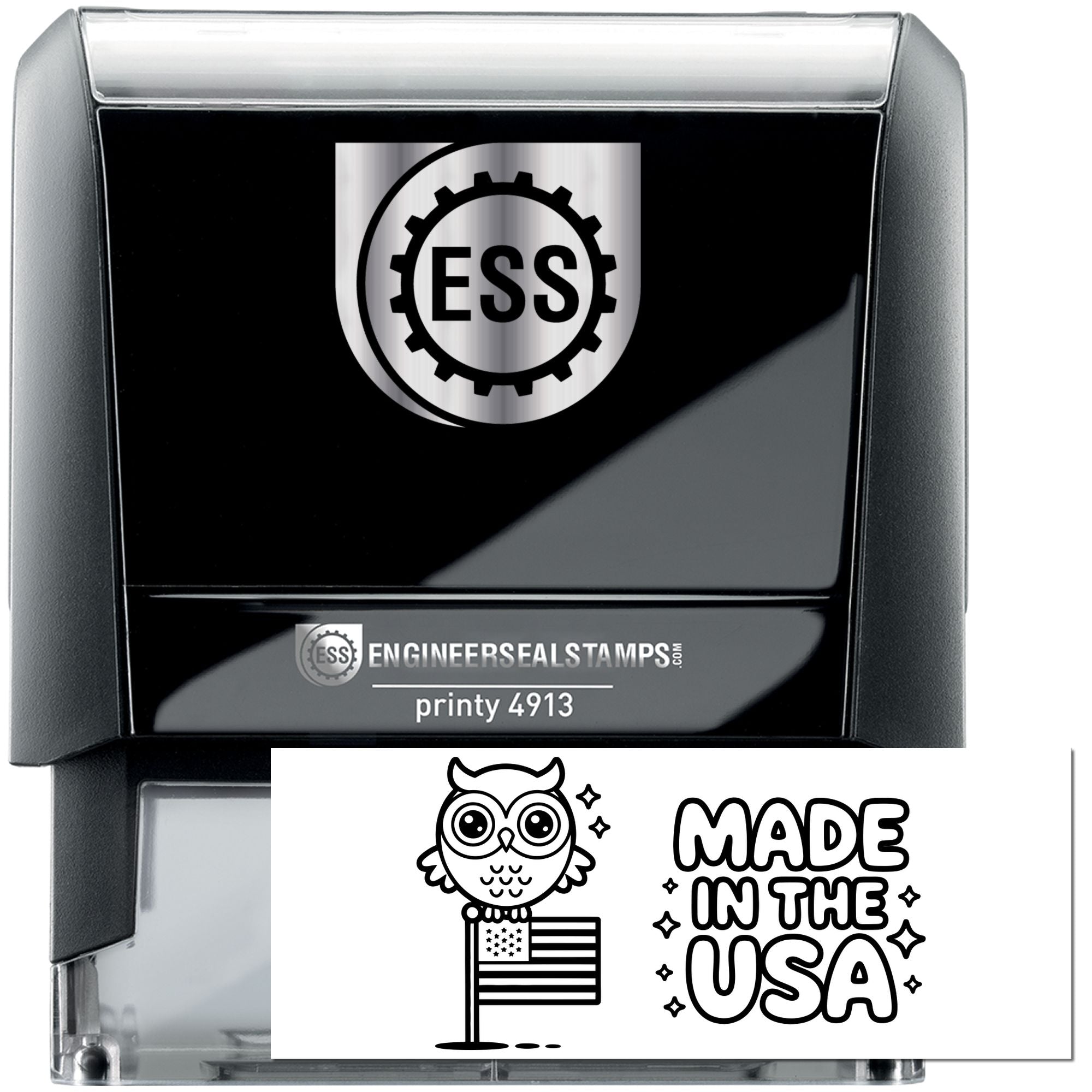 Black and silver ESS Engineer Seal self-inking stamp with Printy 4913 label and Made in USA owl seal card.