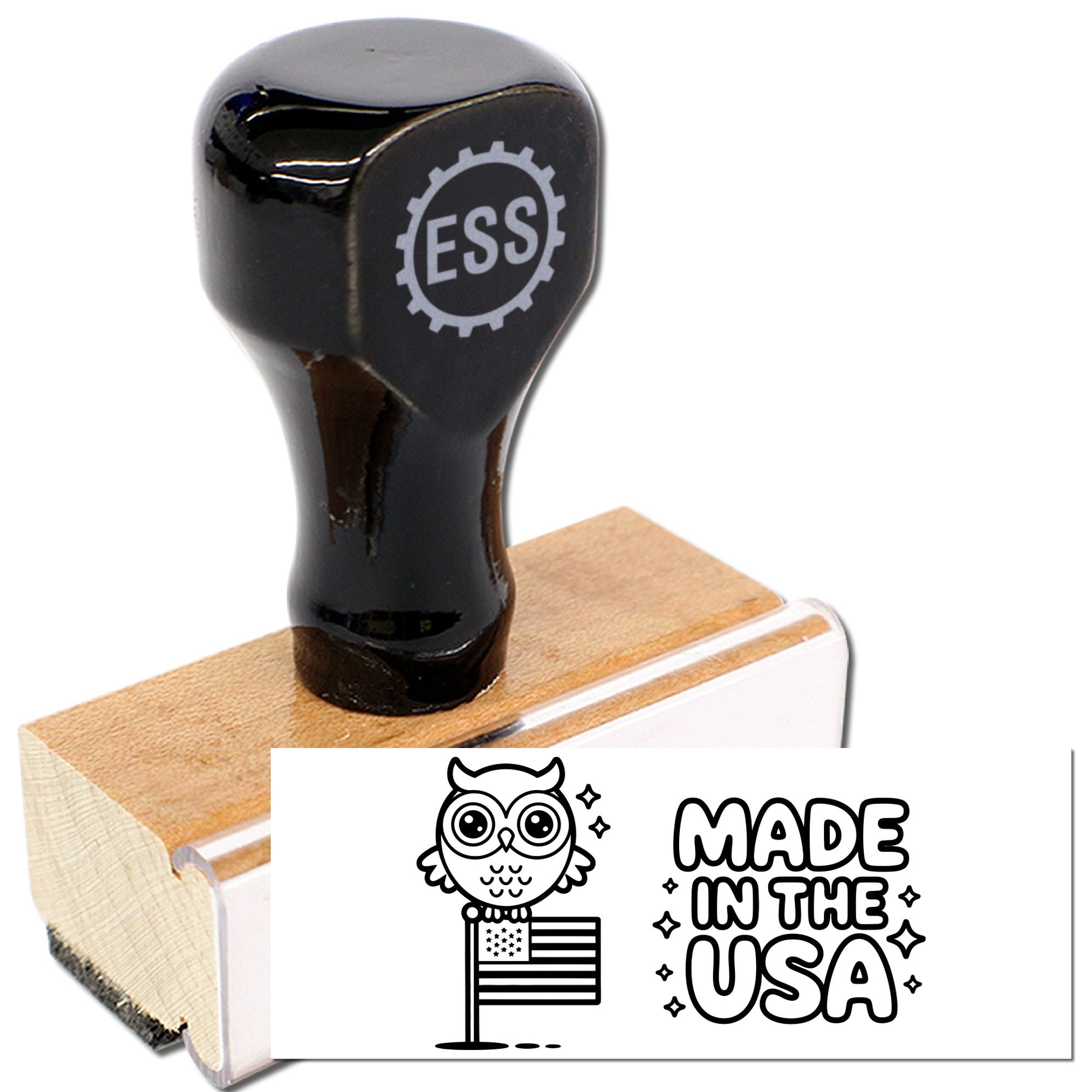 Black ESS rubber stamp on a wood block with white owl and Made in the USA seal design