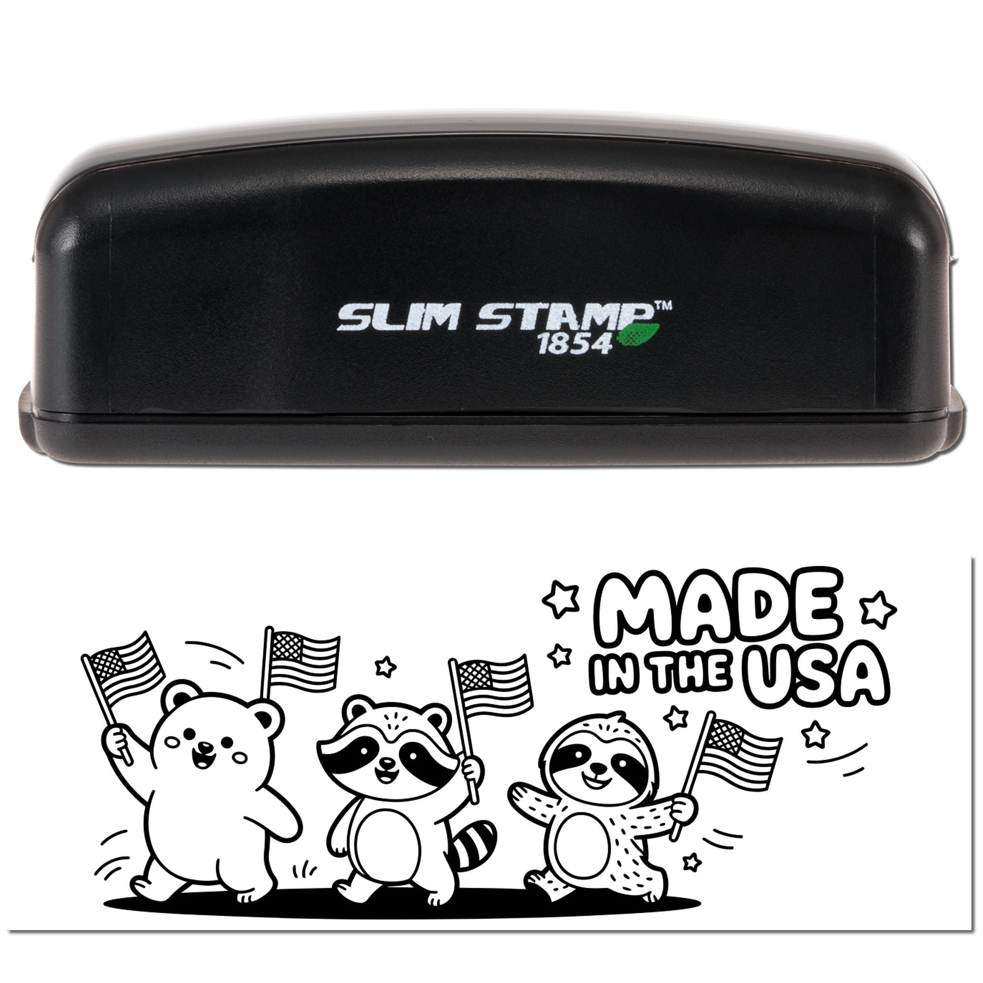 Black Slim Stamp 1854 self-inking stamp and seal with black-and-white Made in the USA sloth design