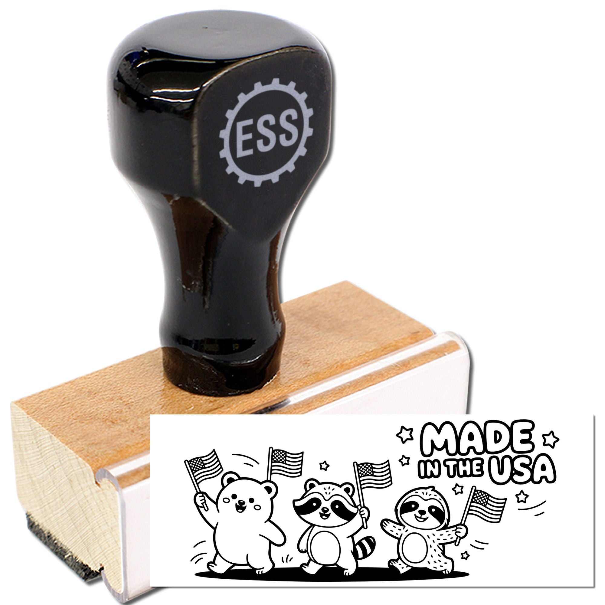 Black custom stamp handle on wooden block with Made in the USA seal artwork and cartoon bear design sample