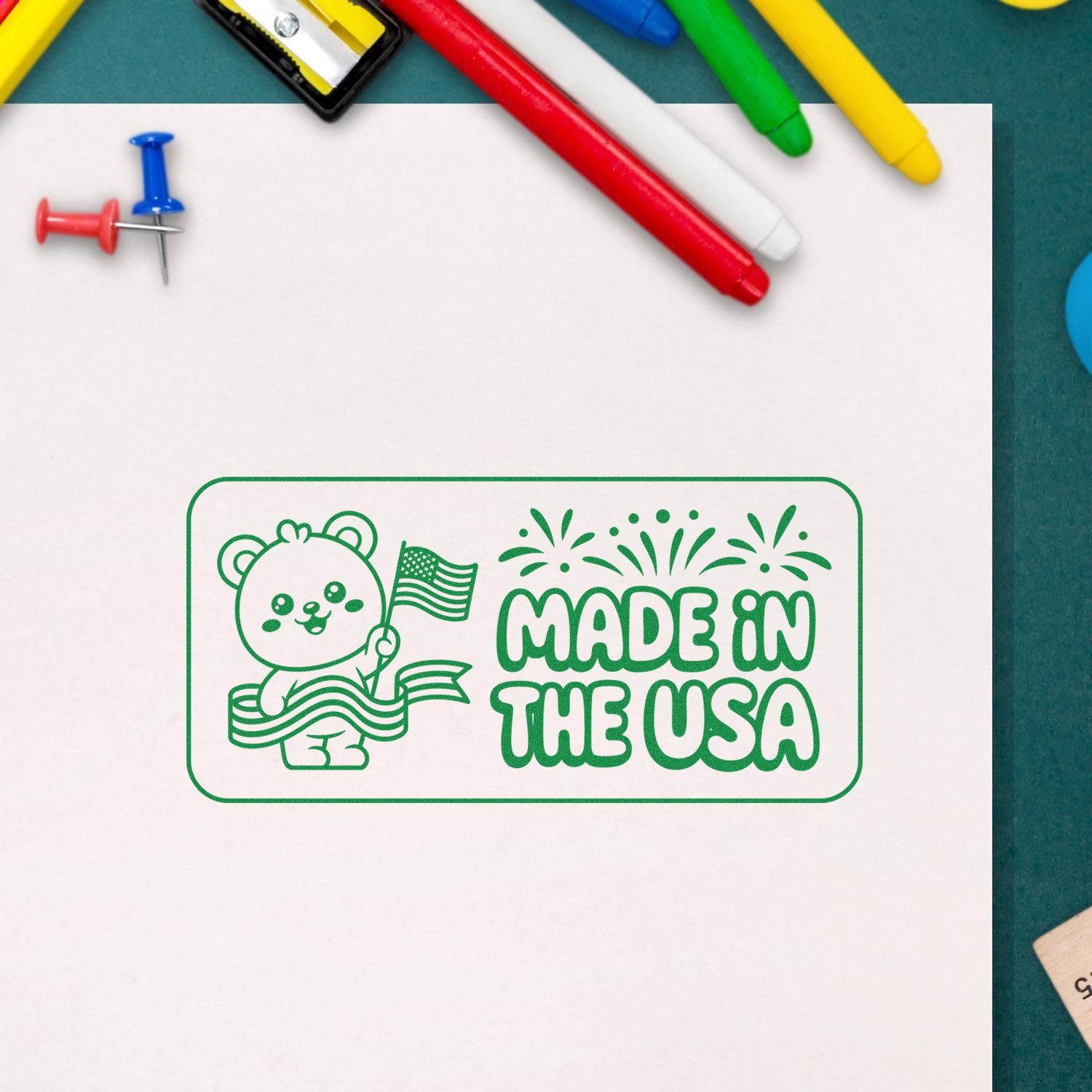 Green Made in the USA stamp seal with bear and American flag, surrounded by colorful markers and push pins.