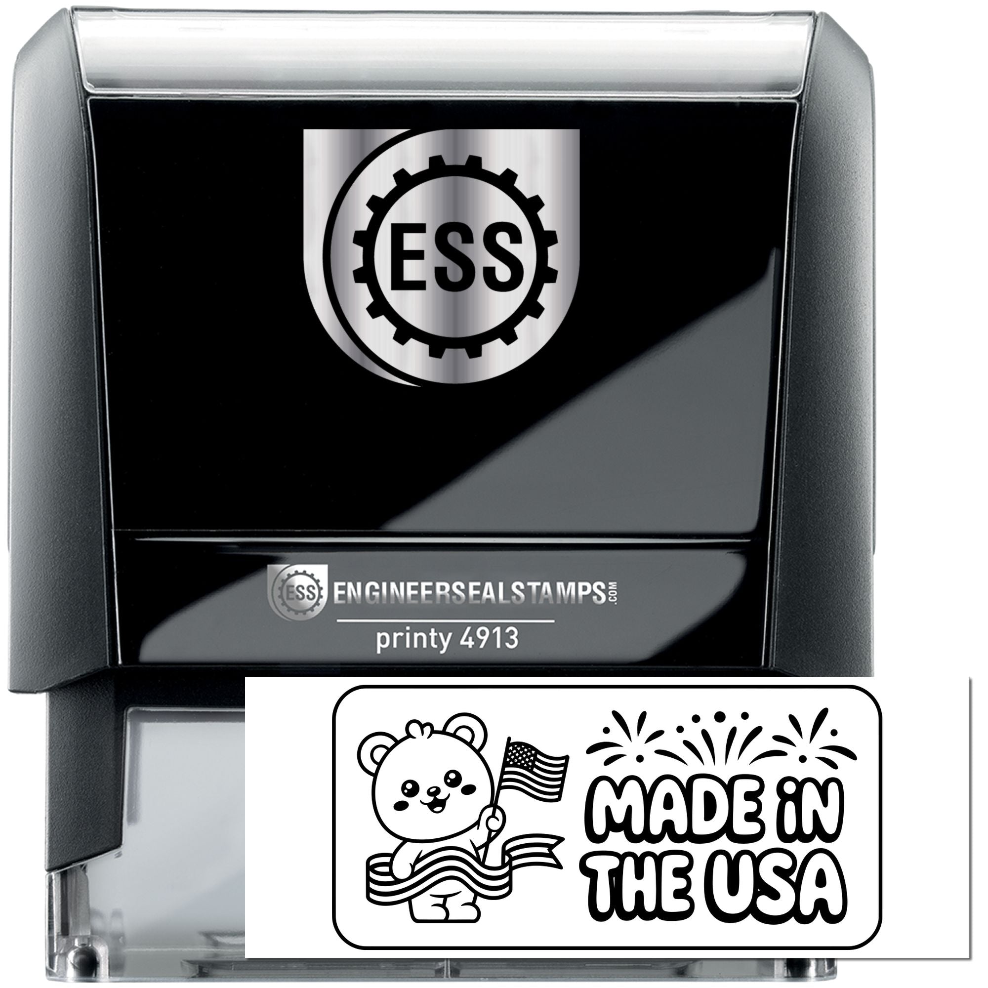 Black self-inking ESS stamp and seal with silver top, gear logo, and Made in the USA bear graphic.