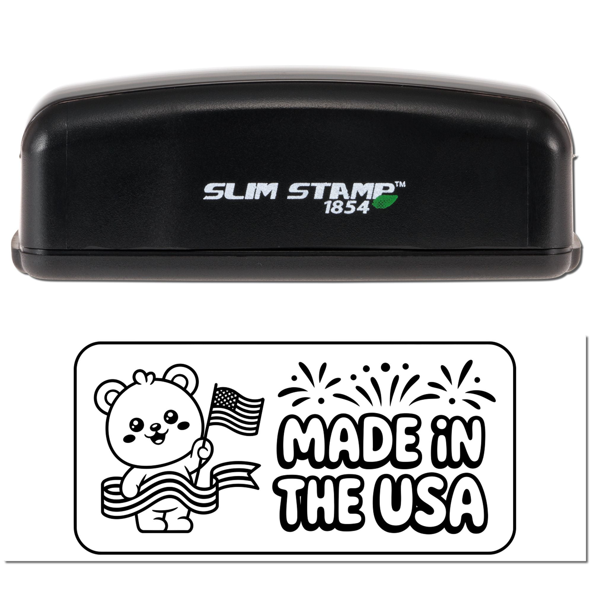 Black Slim Stamp 1854 self-inking stamp and seal with cute bear, American flag, fireworks, and Made in the USA design.