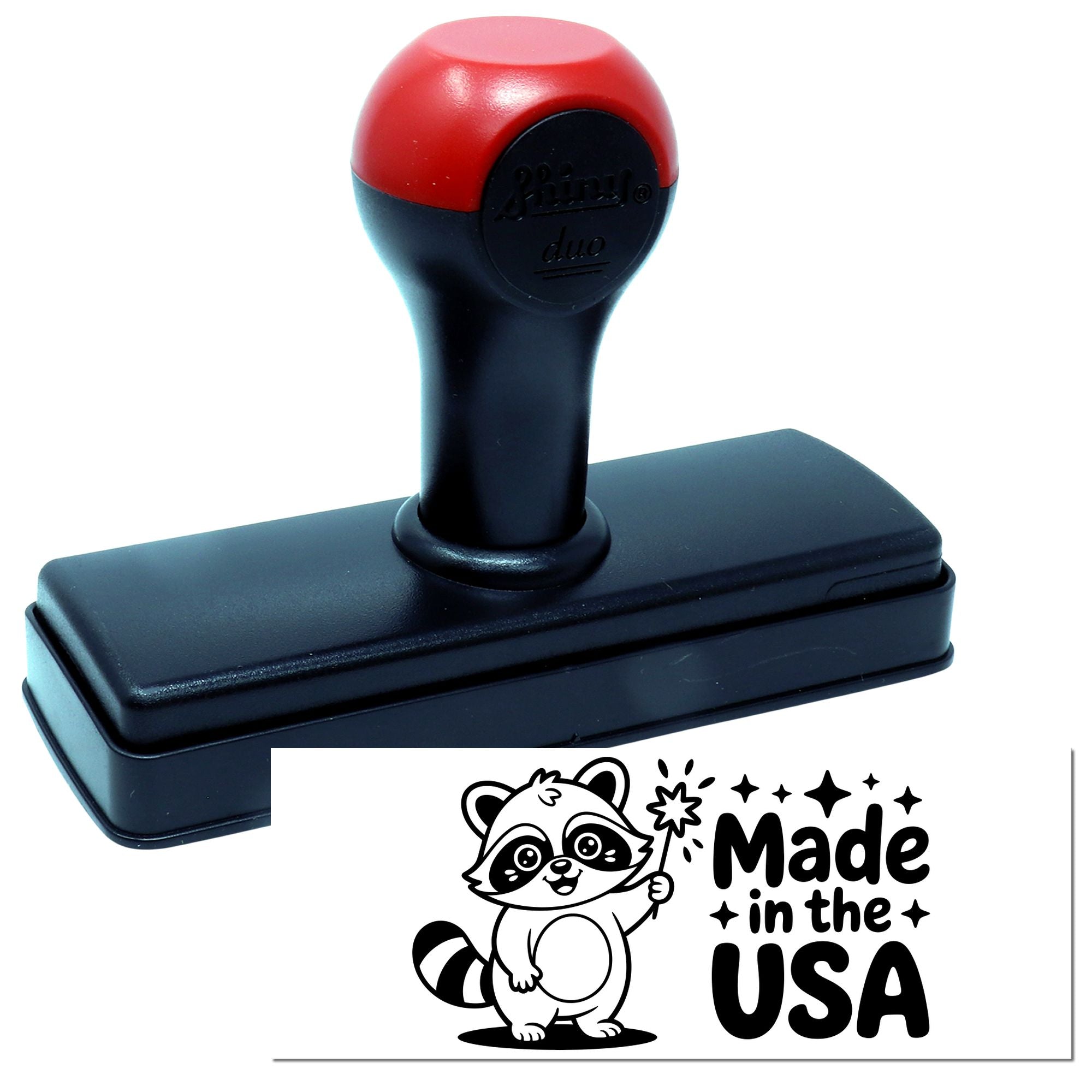 Red and black self-inking stamp with a Made in the USA seal and raccoon graphic on a white background.