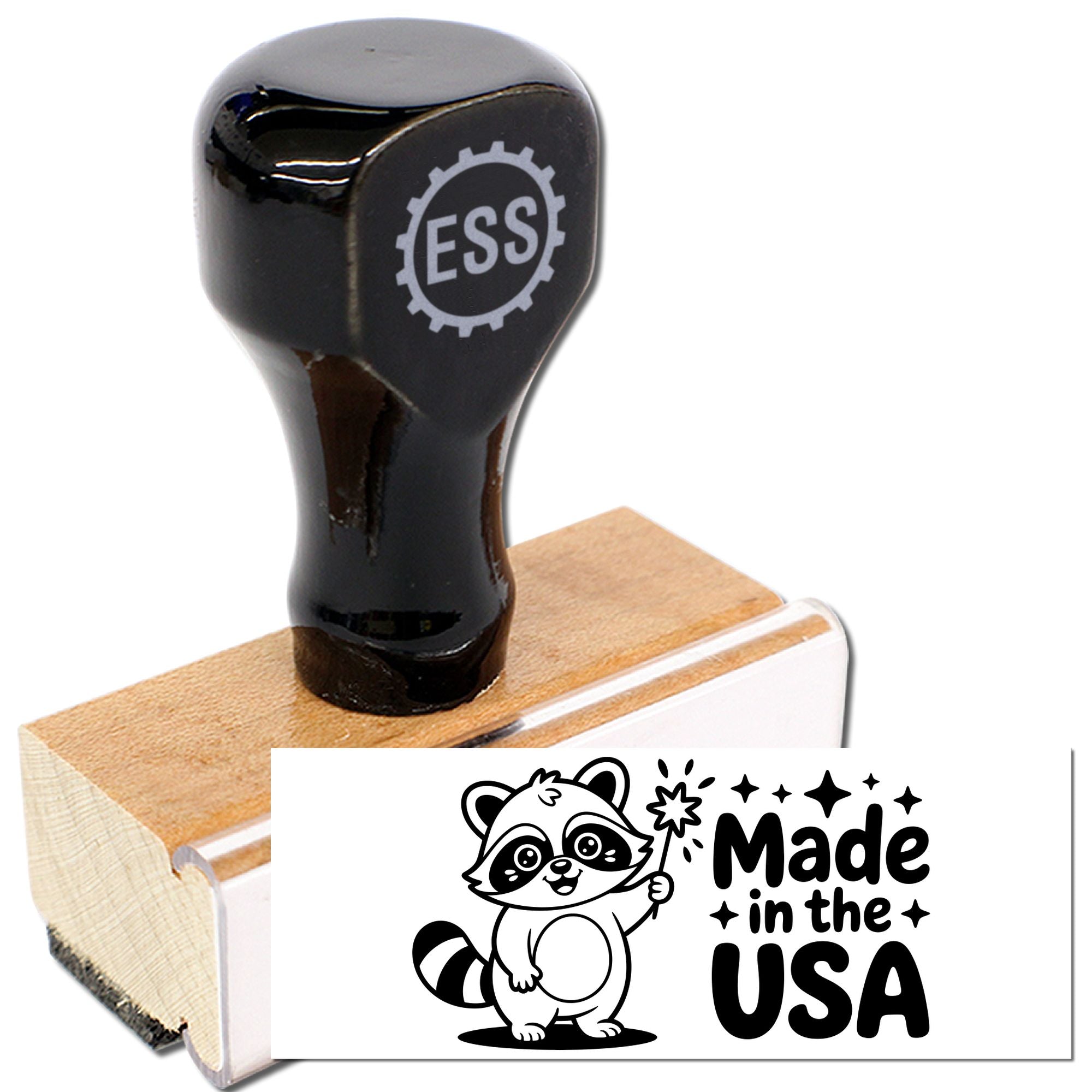 Black custom stamp on wooden base with ESS logo and Made in the USA seal graphic.