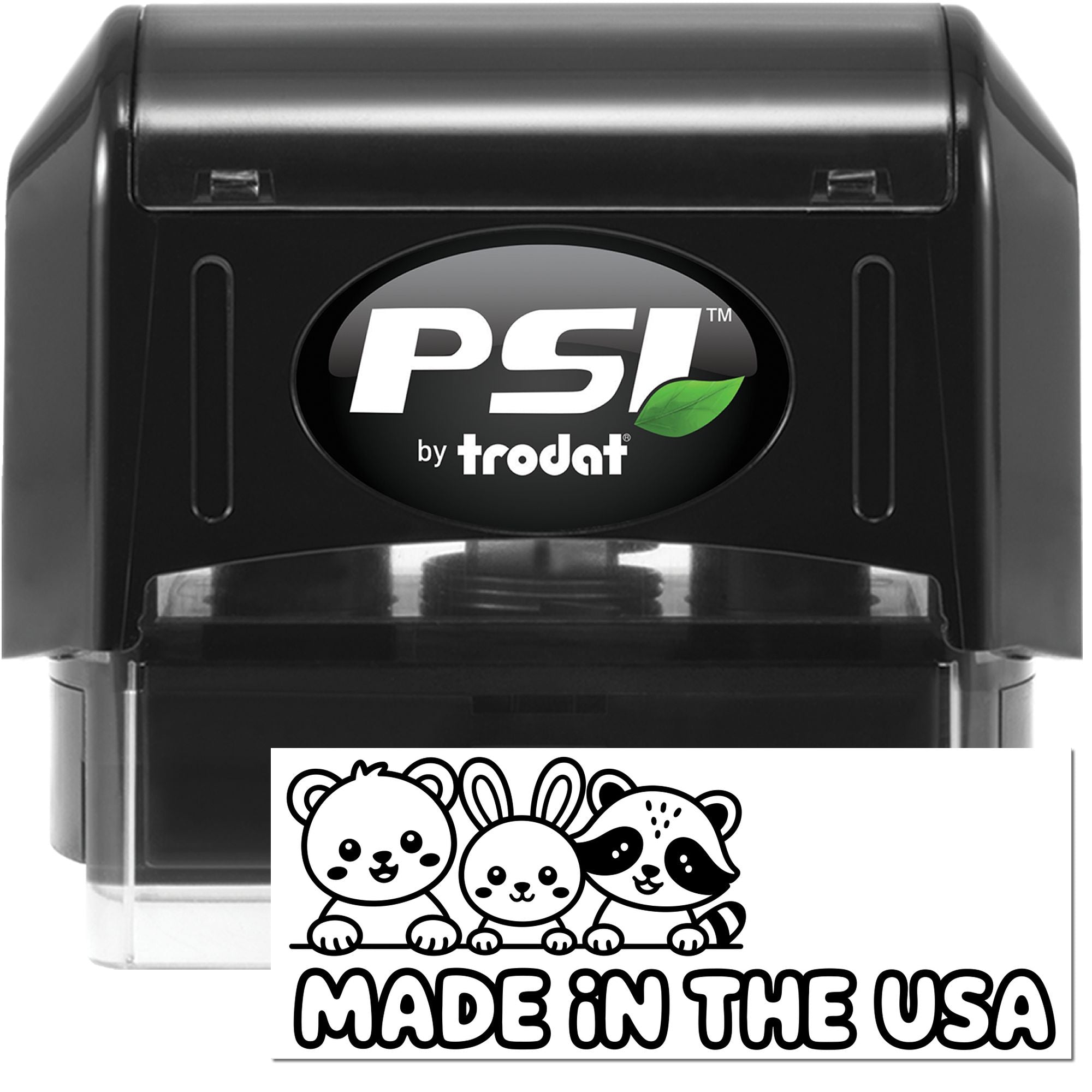 Black PSI by Trodat self-inking stamp with custom seal, green leaf logo, and Made in the USA animal design.