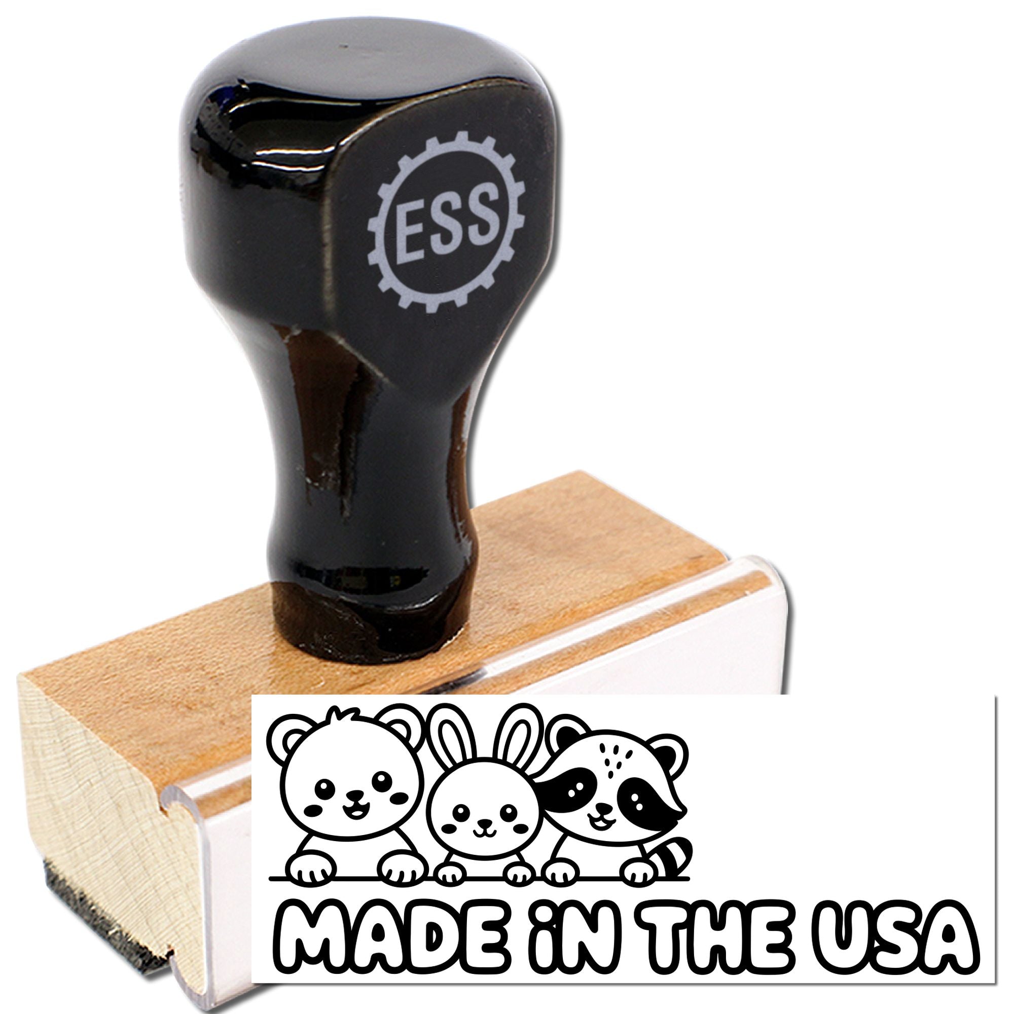 Black rubber stamp with wooden base, ESS logo, cartoon animals, and Made in the USA seal