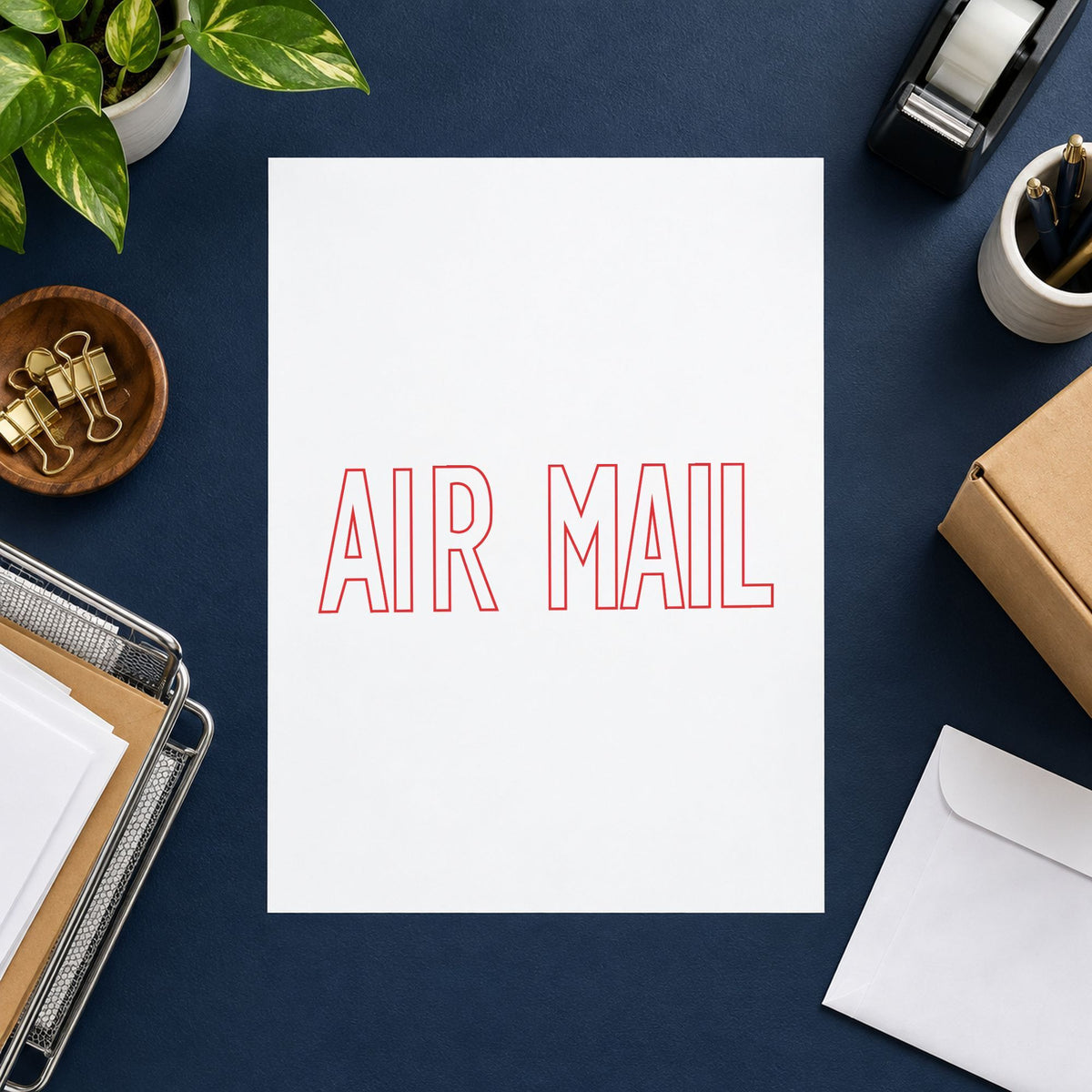 Pre-inked "Air mail" stamp applied to a document, Approximately 1/2 in tall x 1-5/8 in wide impression