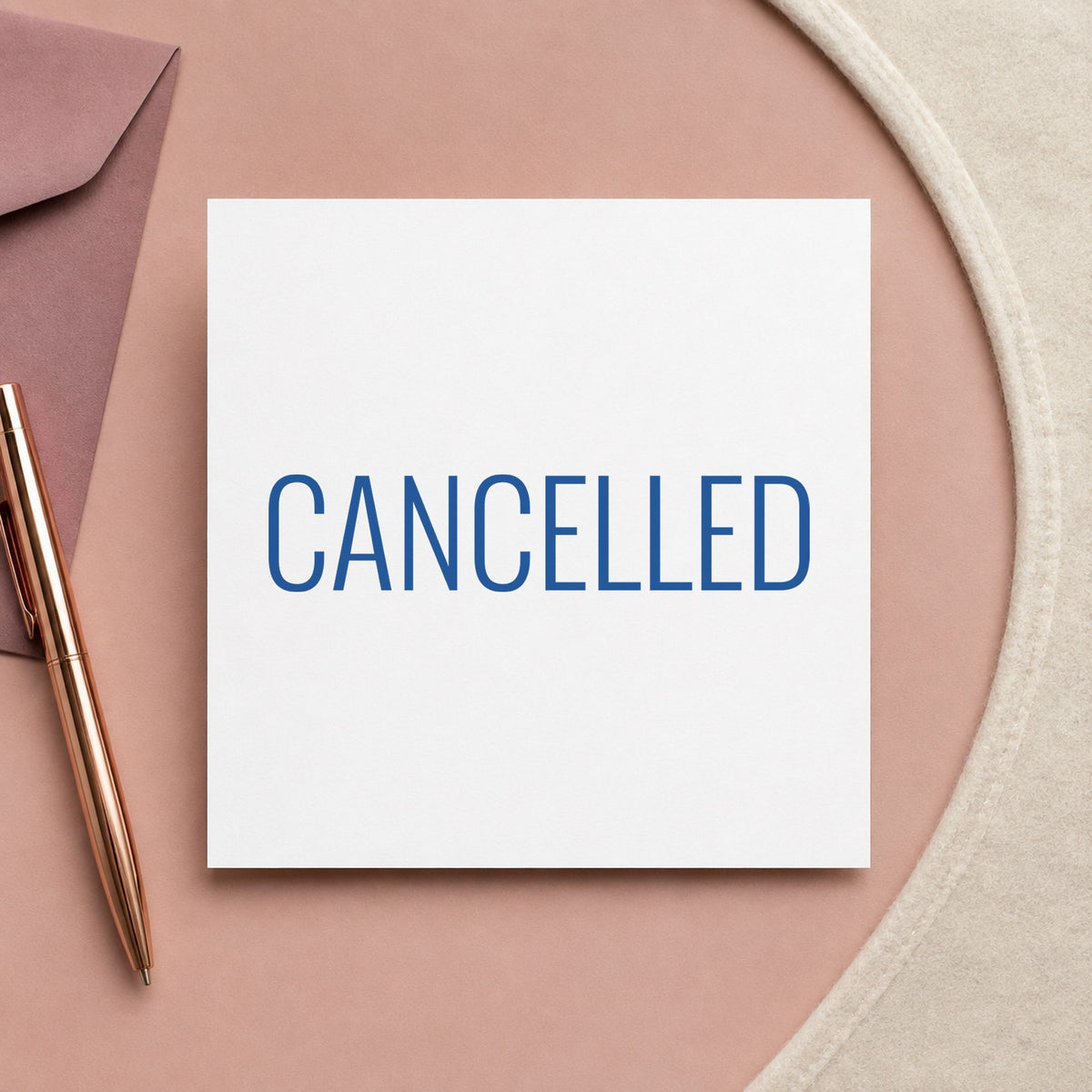 "Cancelled" Xstamper stamp in use on paper, Approximately 1/2 in tall x 1-5/8 in wide rectangle imprint