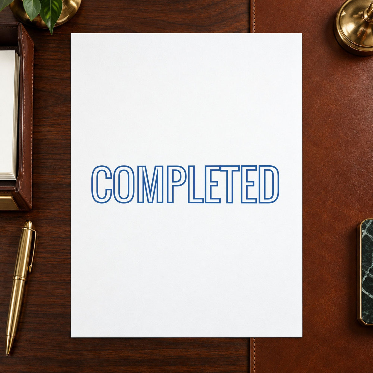 Pre-inked "Completed" stamp applied to a document, Approximately 1/2 in tall x 1-5/8 in wide impression
