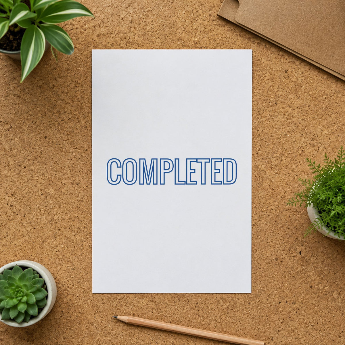 "Completed" Xstamper pre-inked stamp beside its rectangle imprint