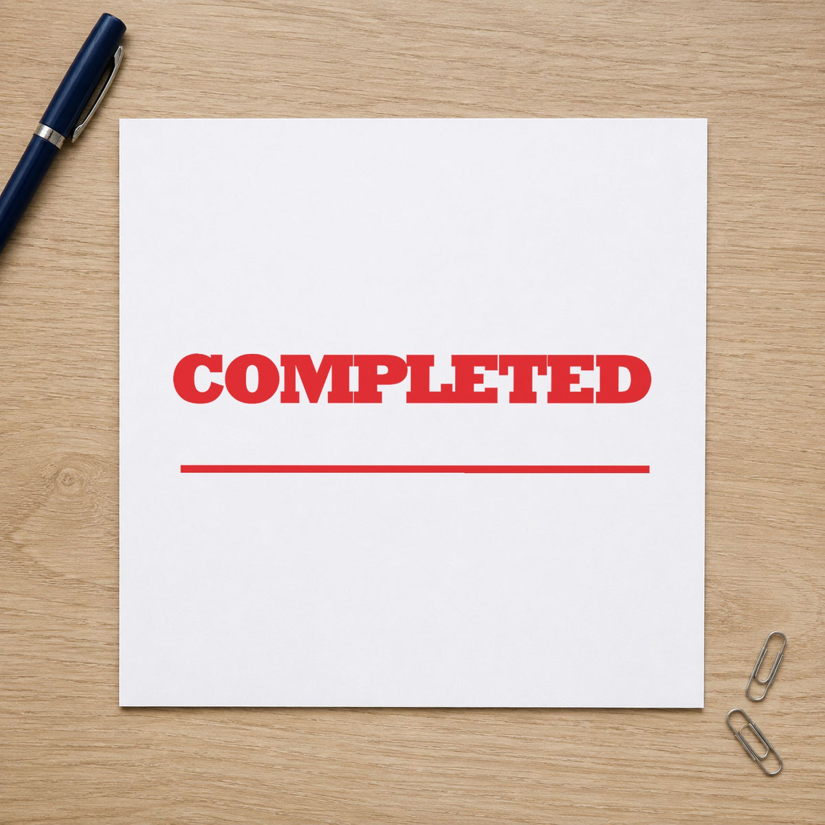 Pre-inked "Completed" stamp applied to a document, 1/2 x 1-5/8 in impression