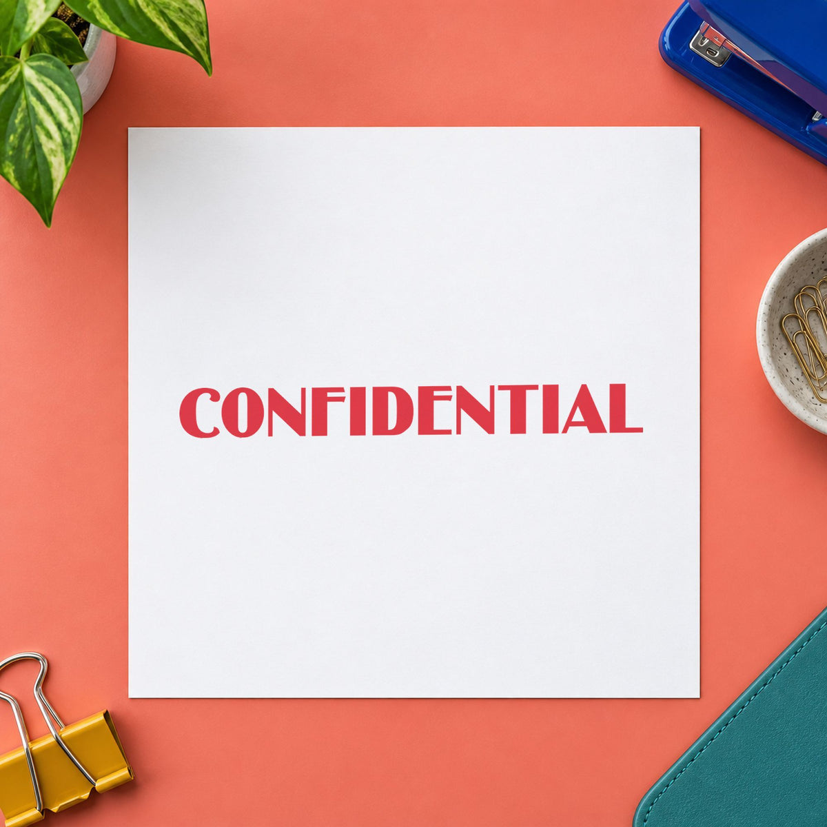 Pre-inked "Confidential" stamp marking paperwork in an office setting