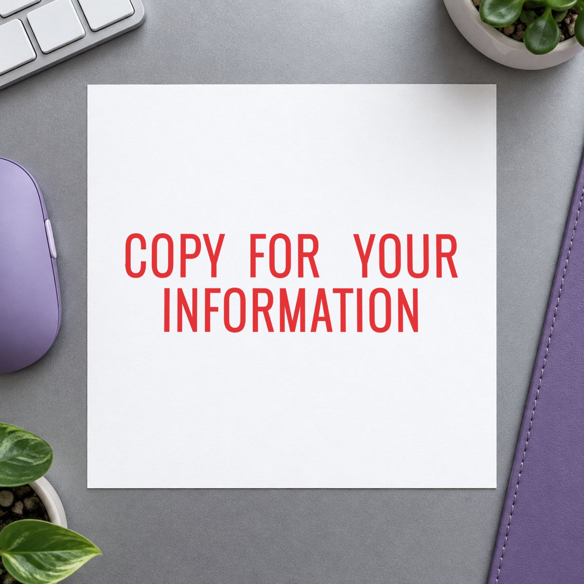 "Copy for your information" Xstamper pre-inked stamp beside its rectangle imprint