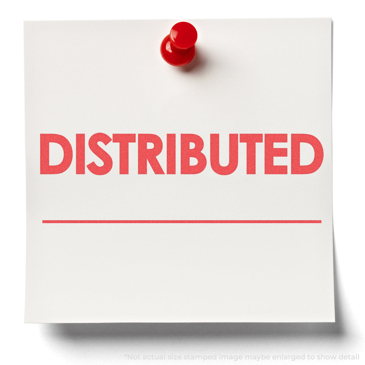 "Distributed" stamp and its crisp 1/2 x 1-5/8 in impression on paper