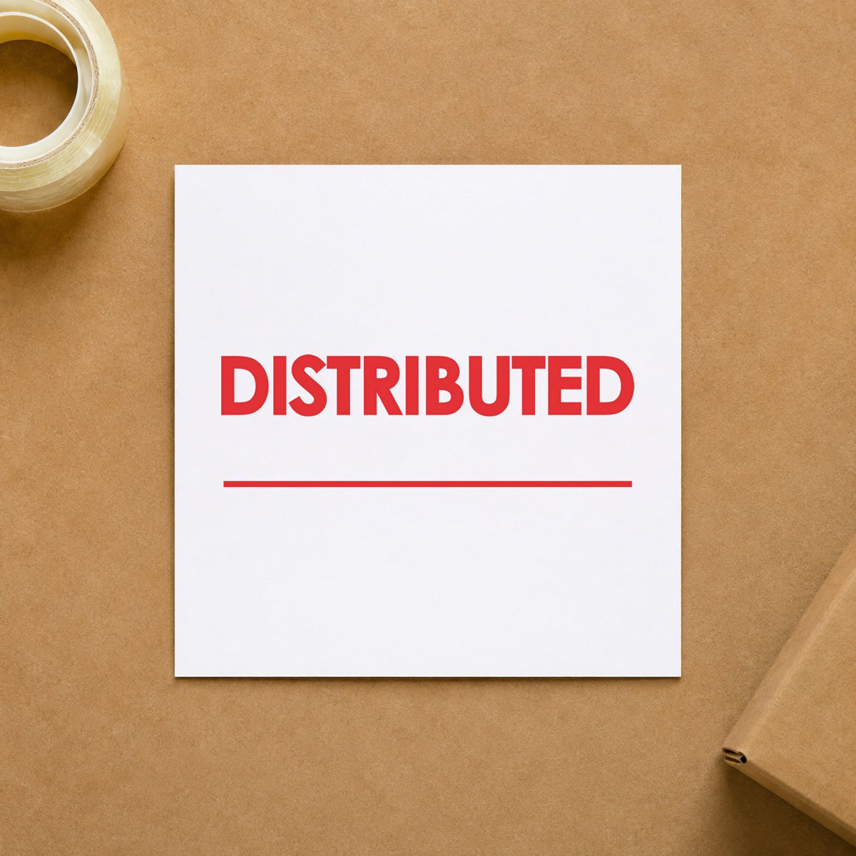 Pre-inked "Distributed" stamp applied to a document, 1/2 x 1-5/8 in impression