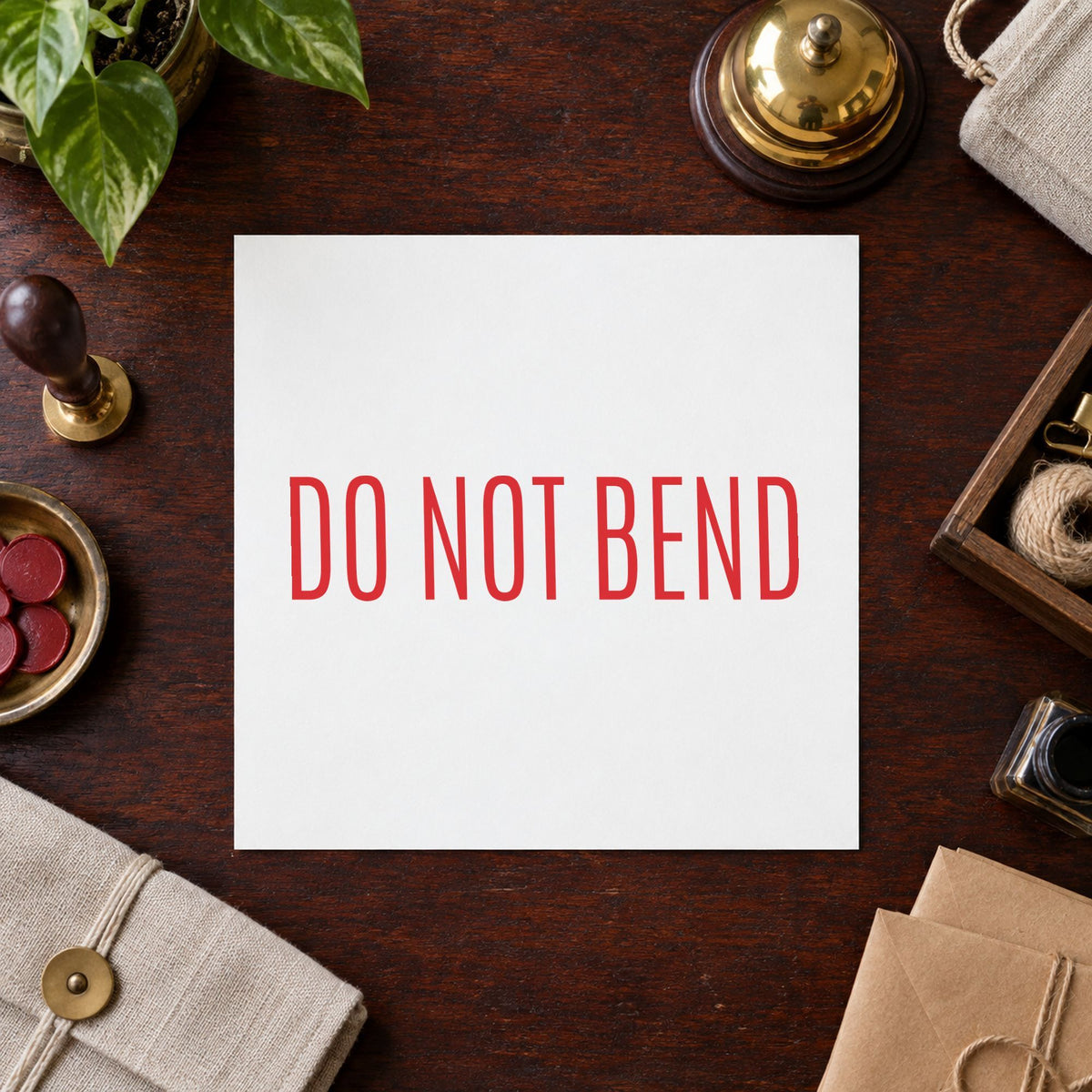 "Do not bend" Xstamper stamp in use on paper, Approximately 1/2 in tall x 1-5/8 in wide rectangle imprint