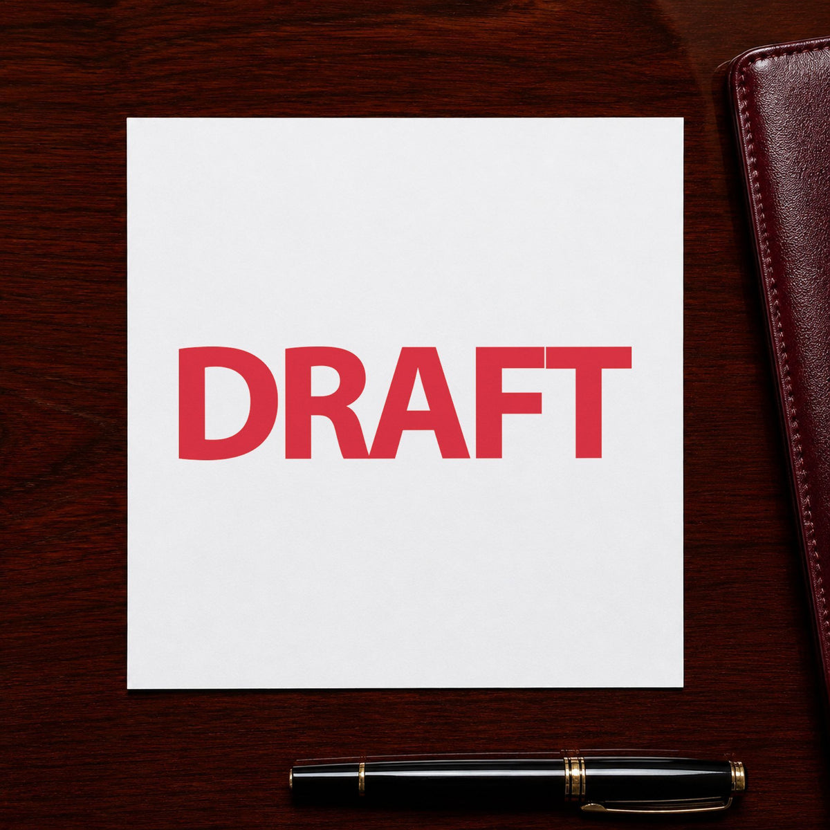 Pre-inked "Draft" stamp marking paperwork in an office setting