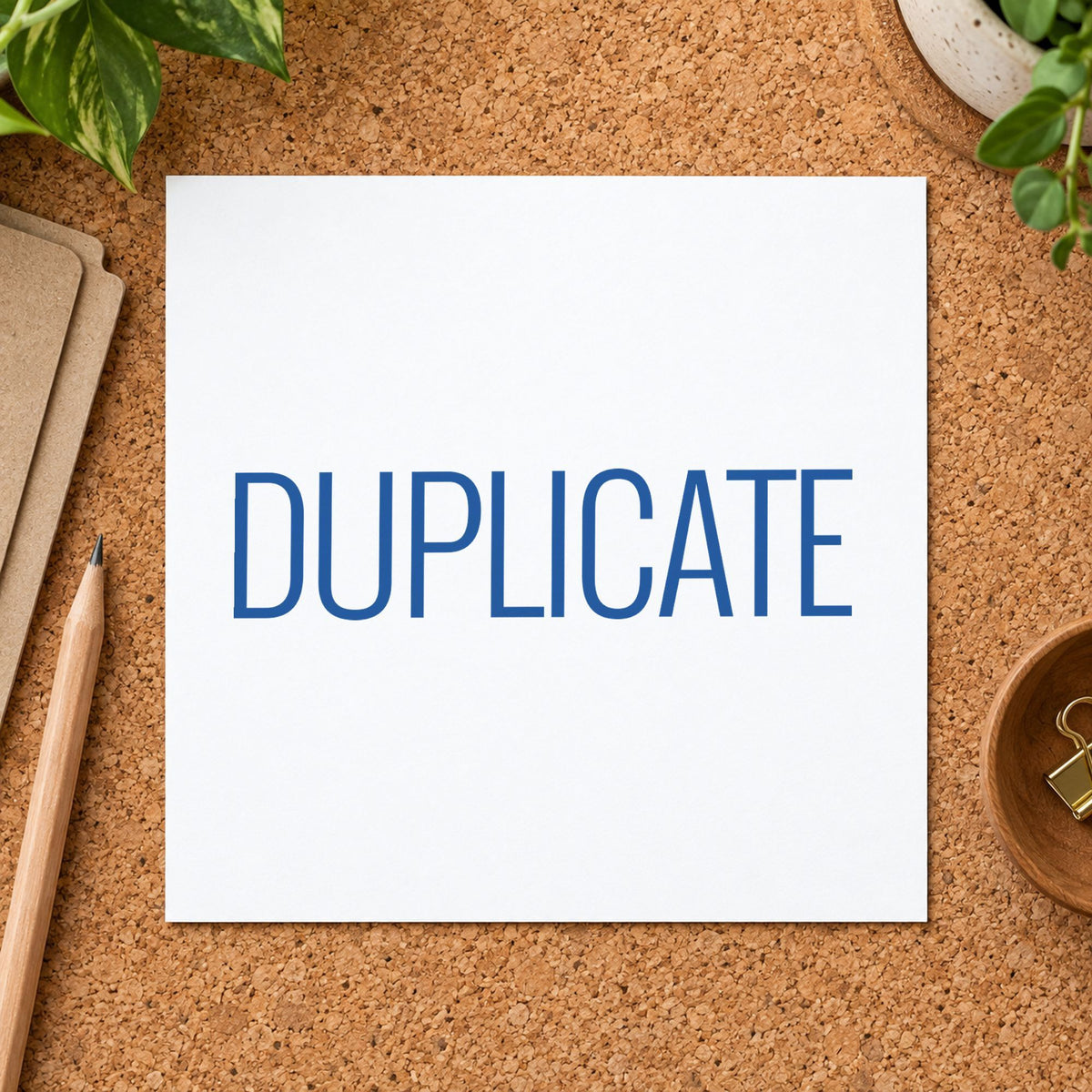 "Duplicate" Xstamper stamp in use on paper, 1/2 x 1-5/8 in rectangle imprint
