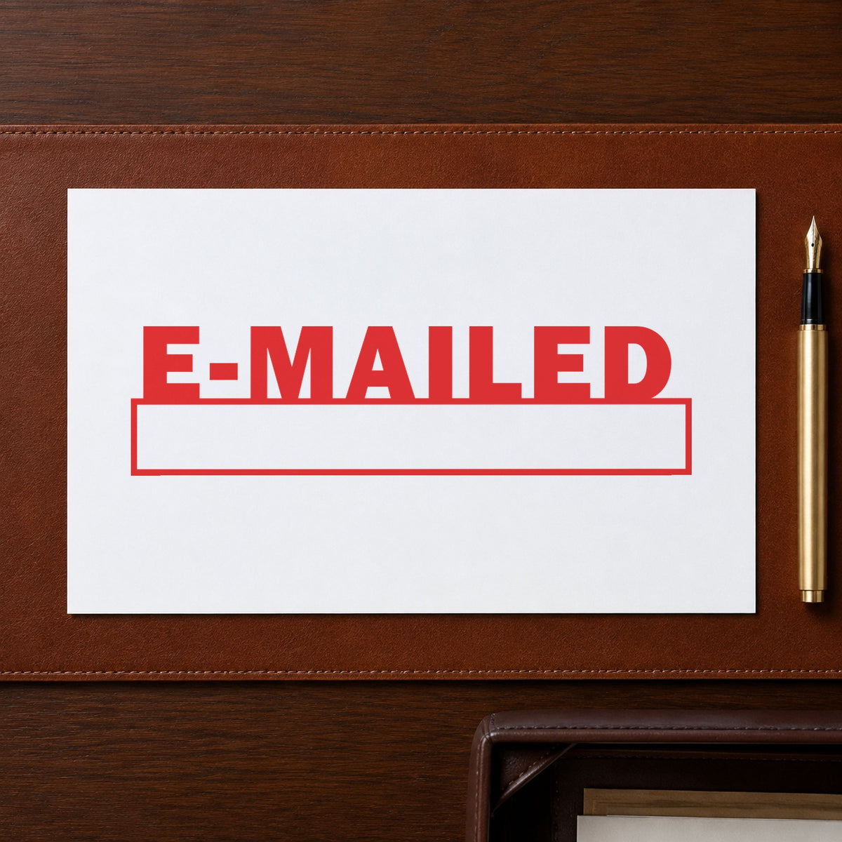 Pre-inked "E-mailed" stamp applied to a document, Approximately 1/2 in tall x 1-5/8 in wide impression