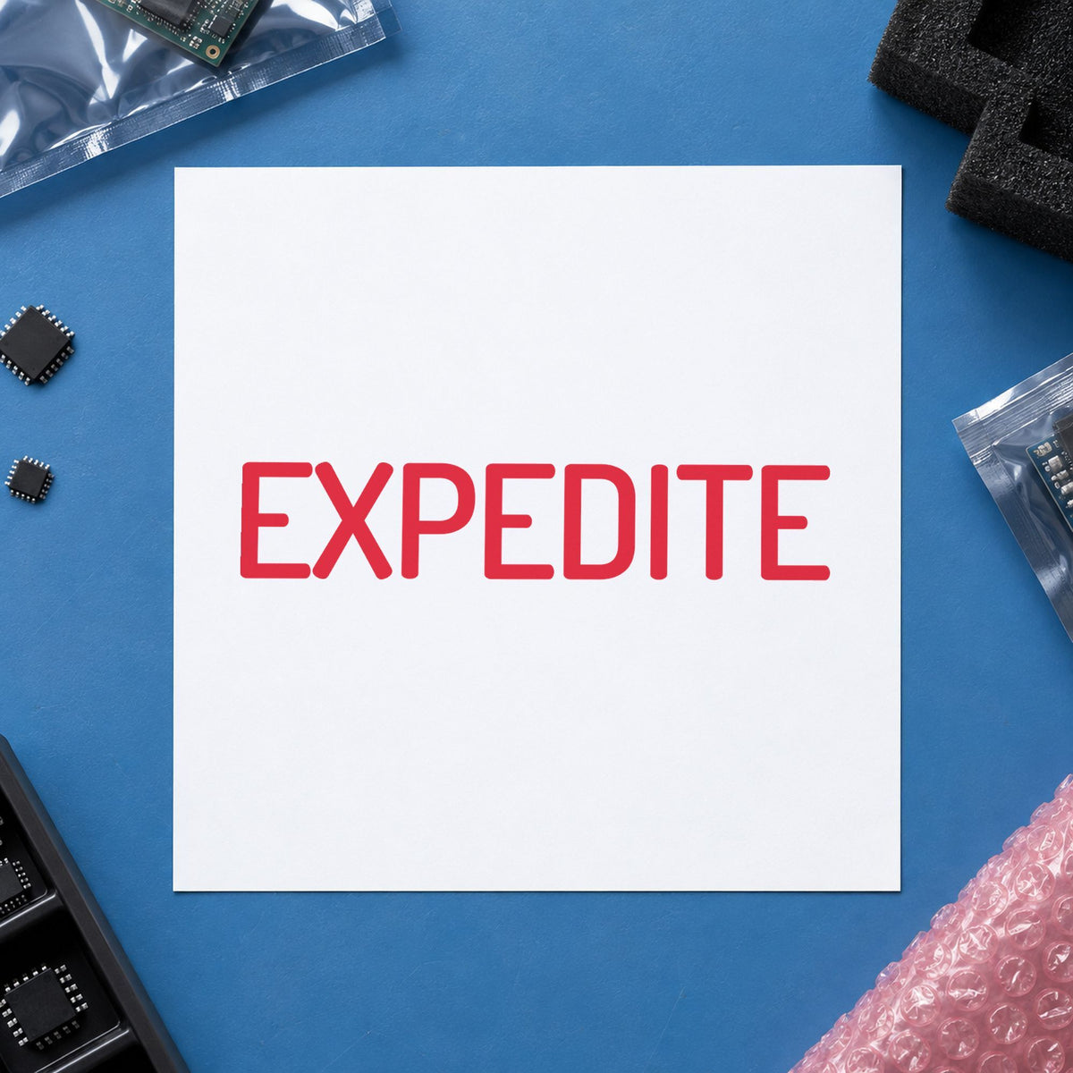 "Expedite" Xstamper pre-inked stamp beside its rectangle imprint