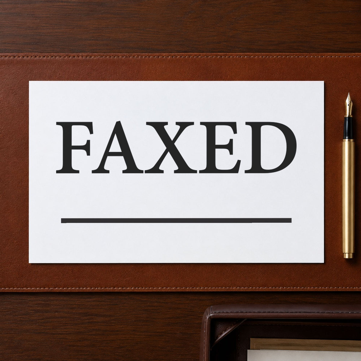 "Faxed" Xstamper pre-inked stamp beside its rectangle imprint