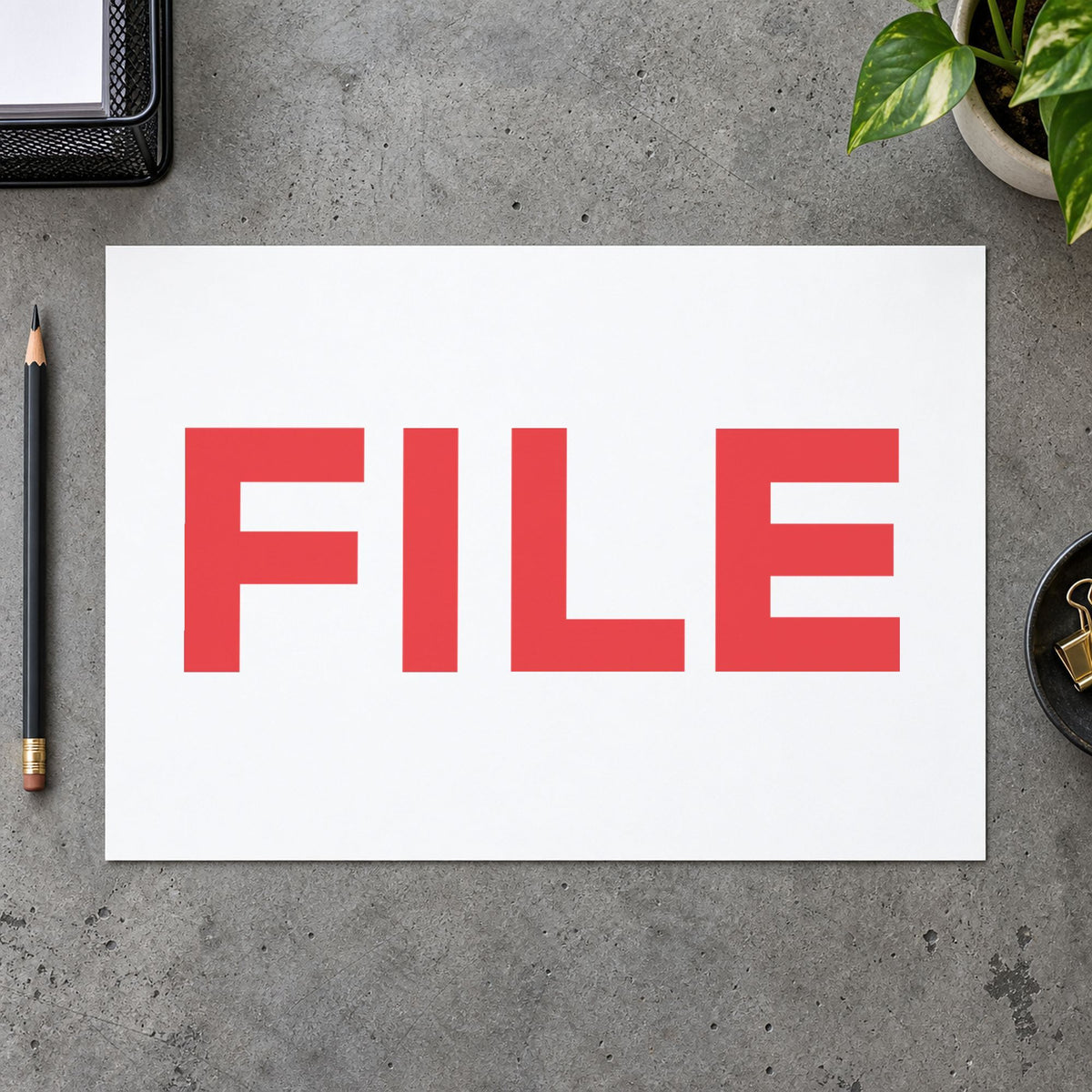 Pre-inked "File" stamp applied to a document, 1/2 x 1-5/8 in impression