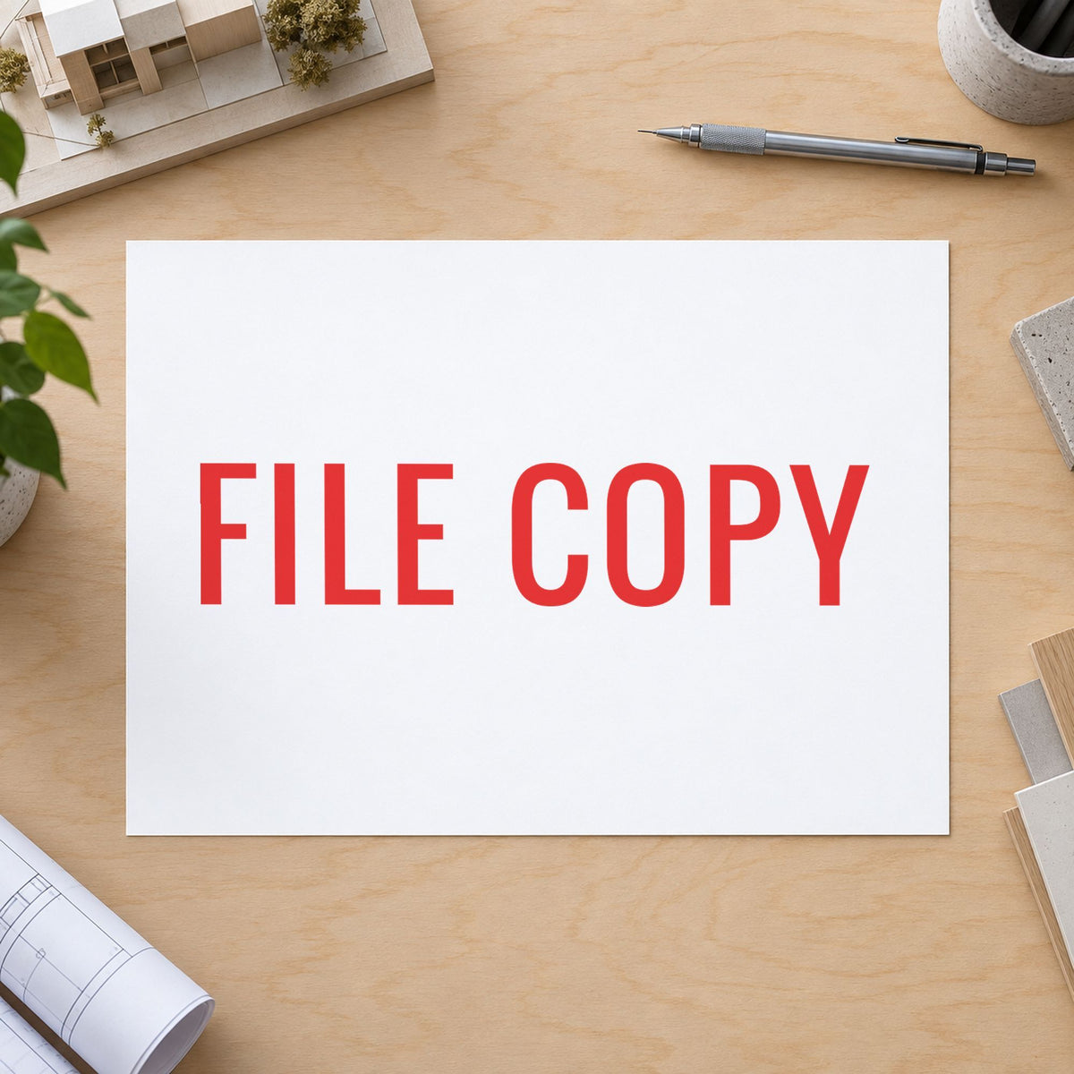 "File copy" Xstamper pre-inked stamp beside its rectangle imprint
