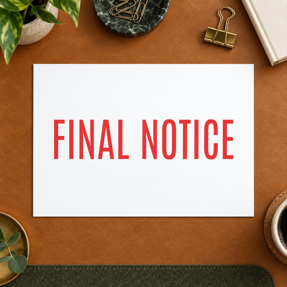 "Final notice" Xstamper No. 1014 stamp shown in everyday handling